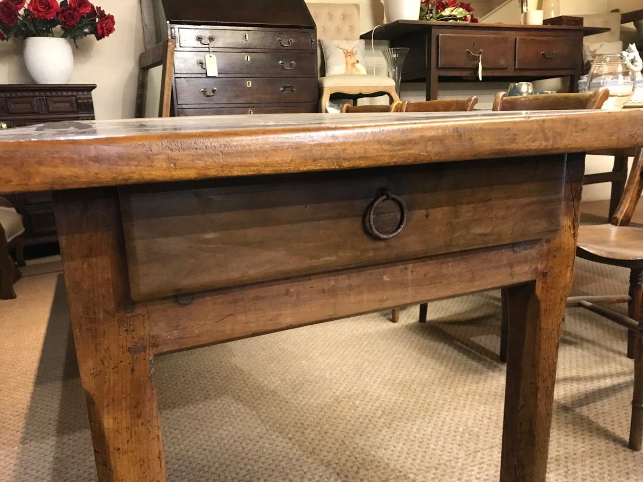 19th Century French Fruitwood Farmhouse Table with Two Drawers In Good Condition In Billingshurst, GB