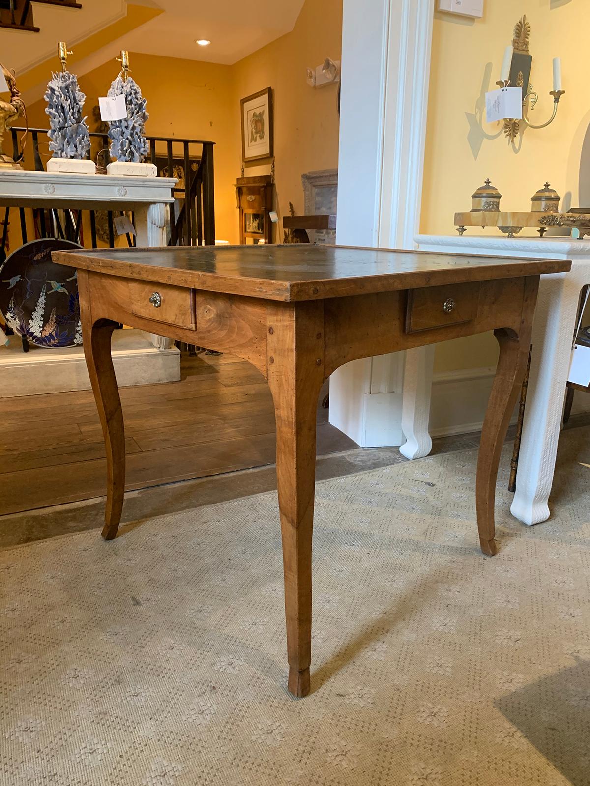 19th Century French Fruitwood Game Table, Green Leather Top, Four Drawers In Good Condition In Atlanta, GA