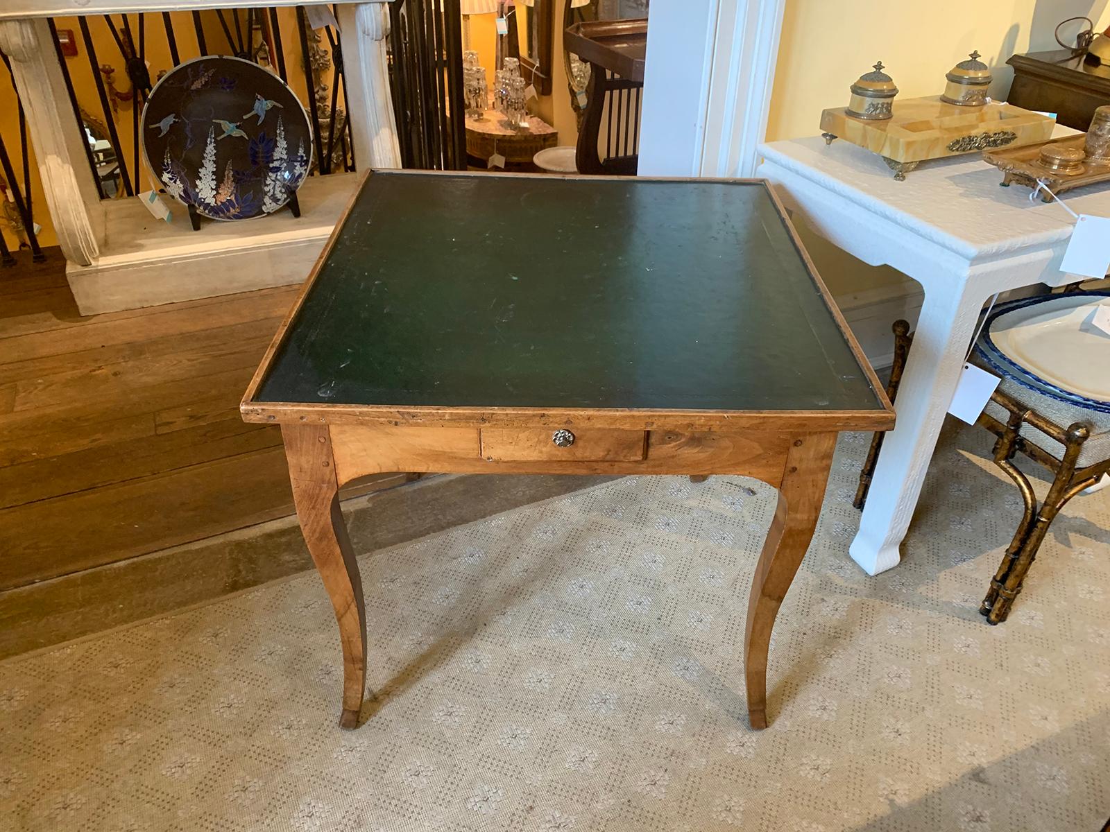 19th Century French Fruitwood Game Table, Green Leather Top, Four Drawers 6