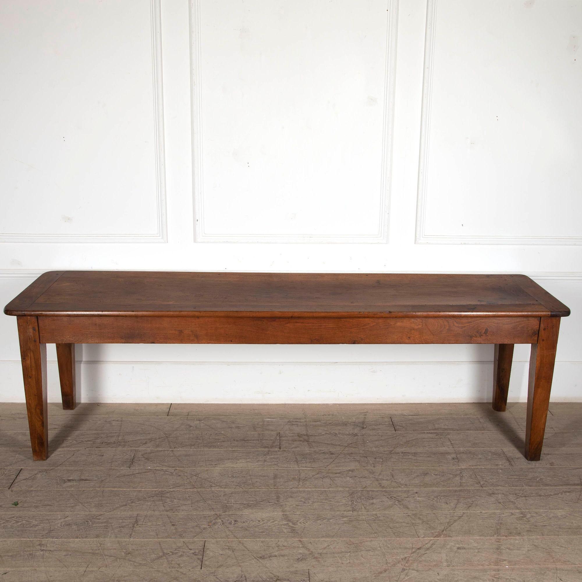 French 19th century fruitwood refectory table of good proportions with a cutlery drawer at one end.
Larger than average, but not too deep. This table also lends itself to being an impressive console table.
circa 1880.
