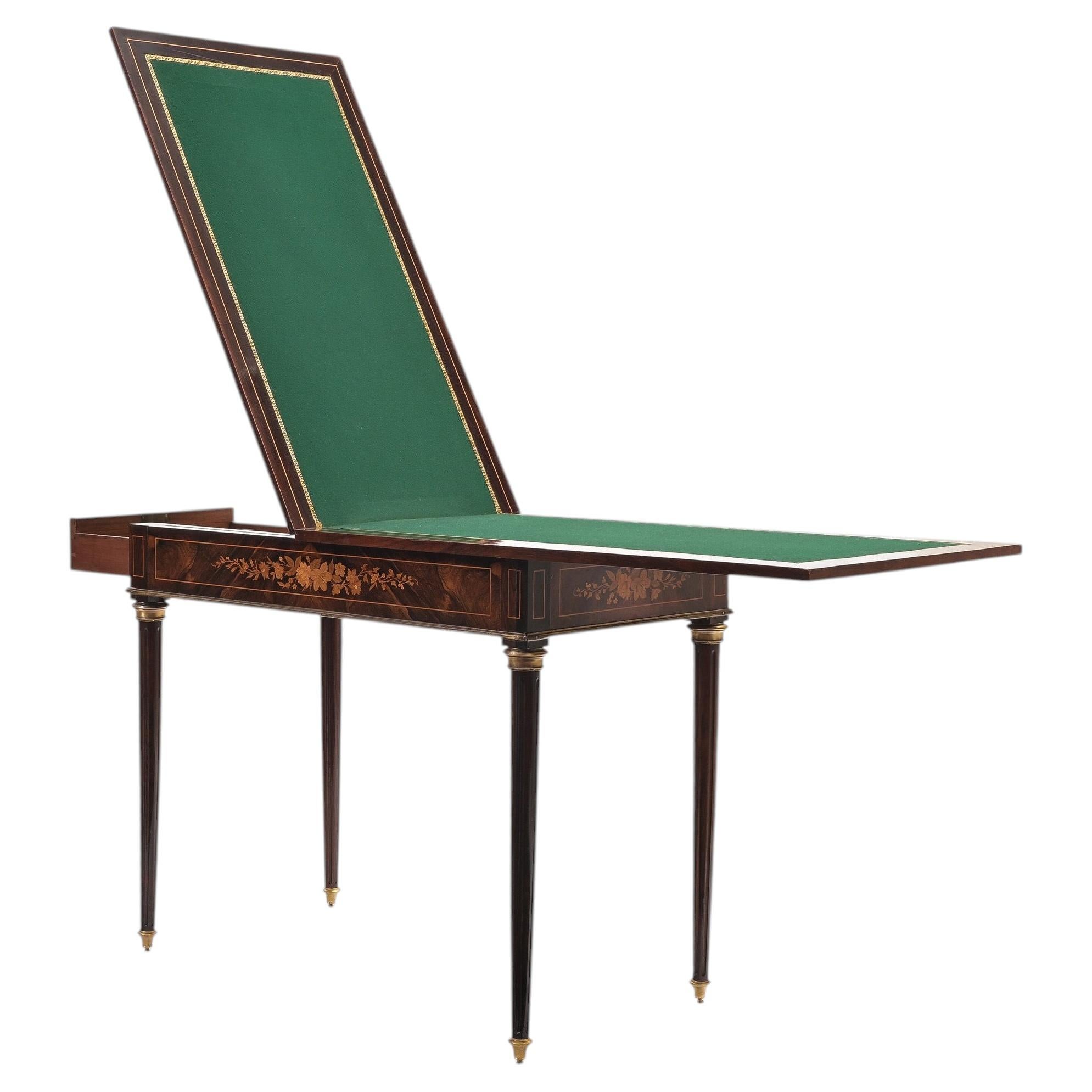 19th Century French Game table circa 1860 walnut veneer rich floral inlays For Sale