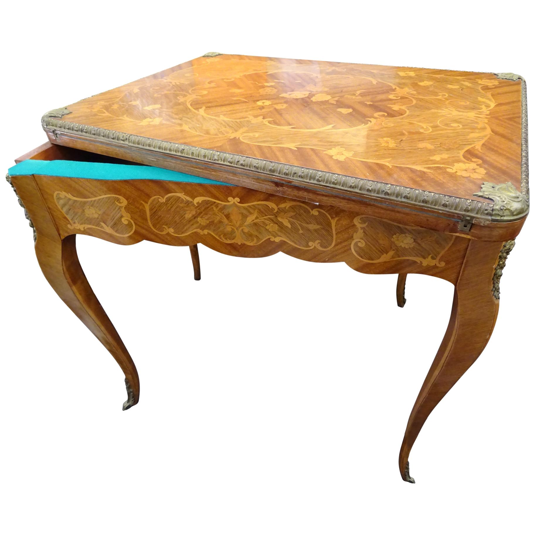 19th Century French Game Table, Napoleon III, Carved and Inlaid Wood and Bronzes