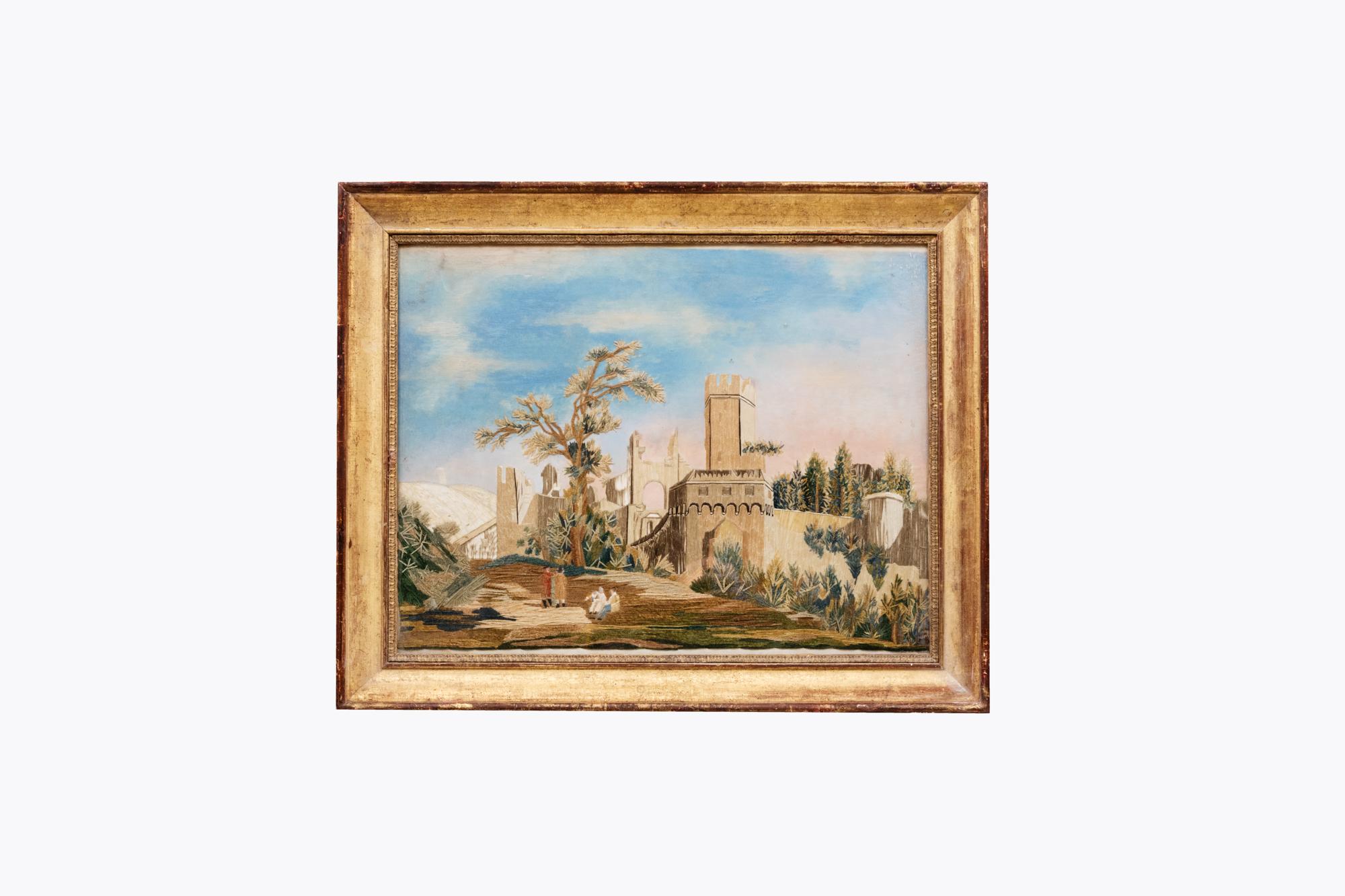 19th Century French gauche & thread capriccio of a castle scene in rural landscape with figures to the foreground. This piece is housed in a gilt frame.

The term capriccio refers to landscape or architectural compositions that combine real elements