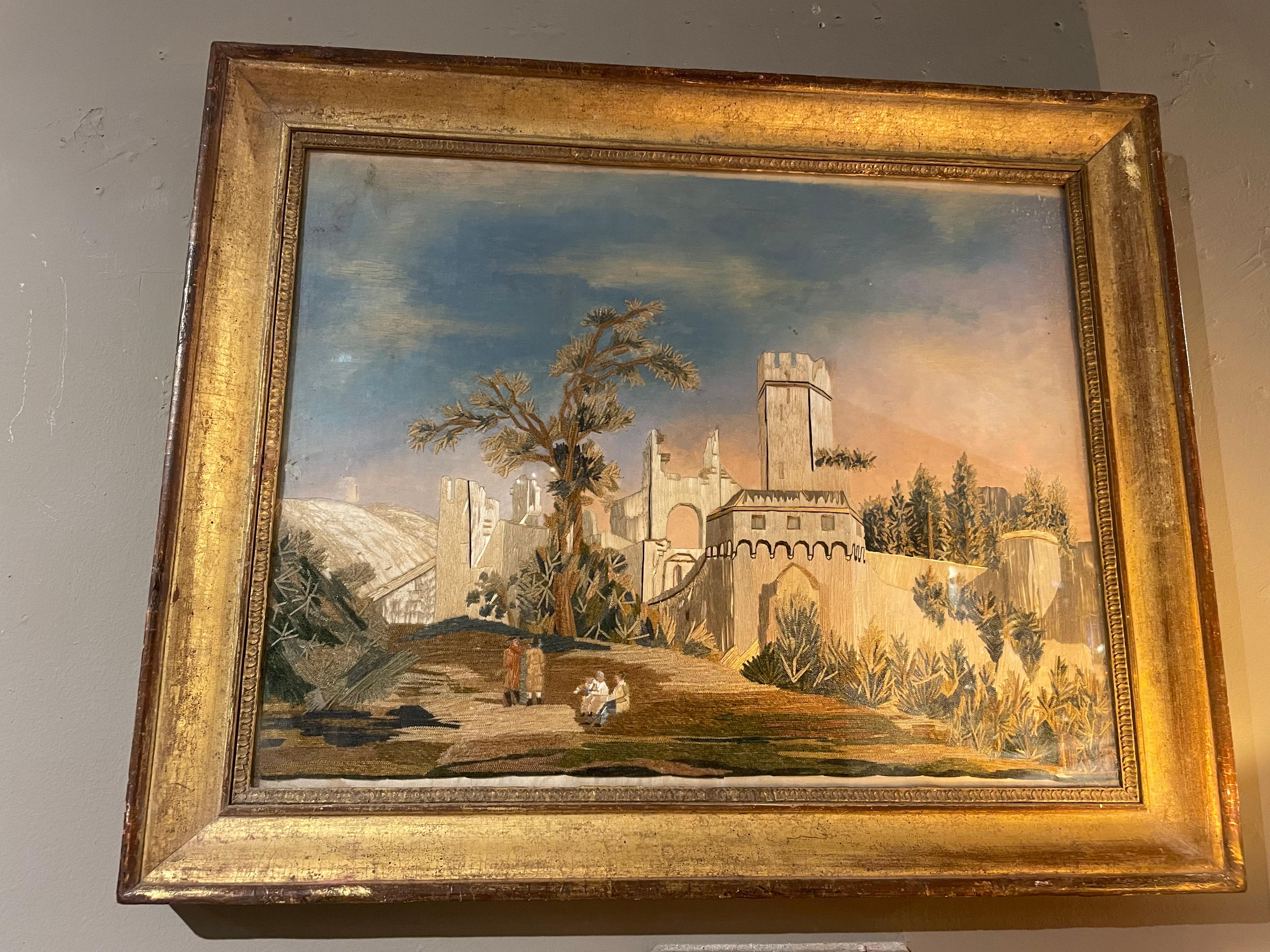 Romantic 19th Century French Gauche & Thread Capriccio Castle Scene For Sale