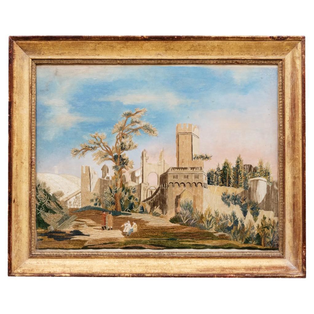 19th Century French Gauche & Thread Capriccio Castle Scene For Sale