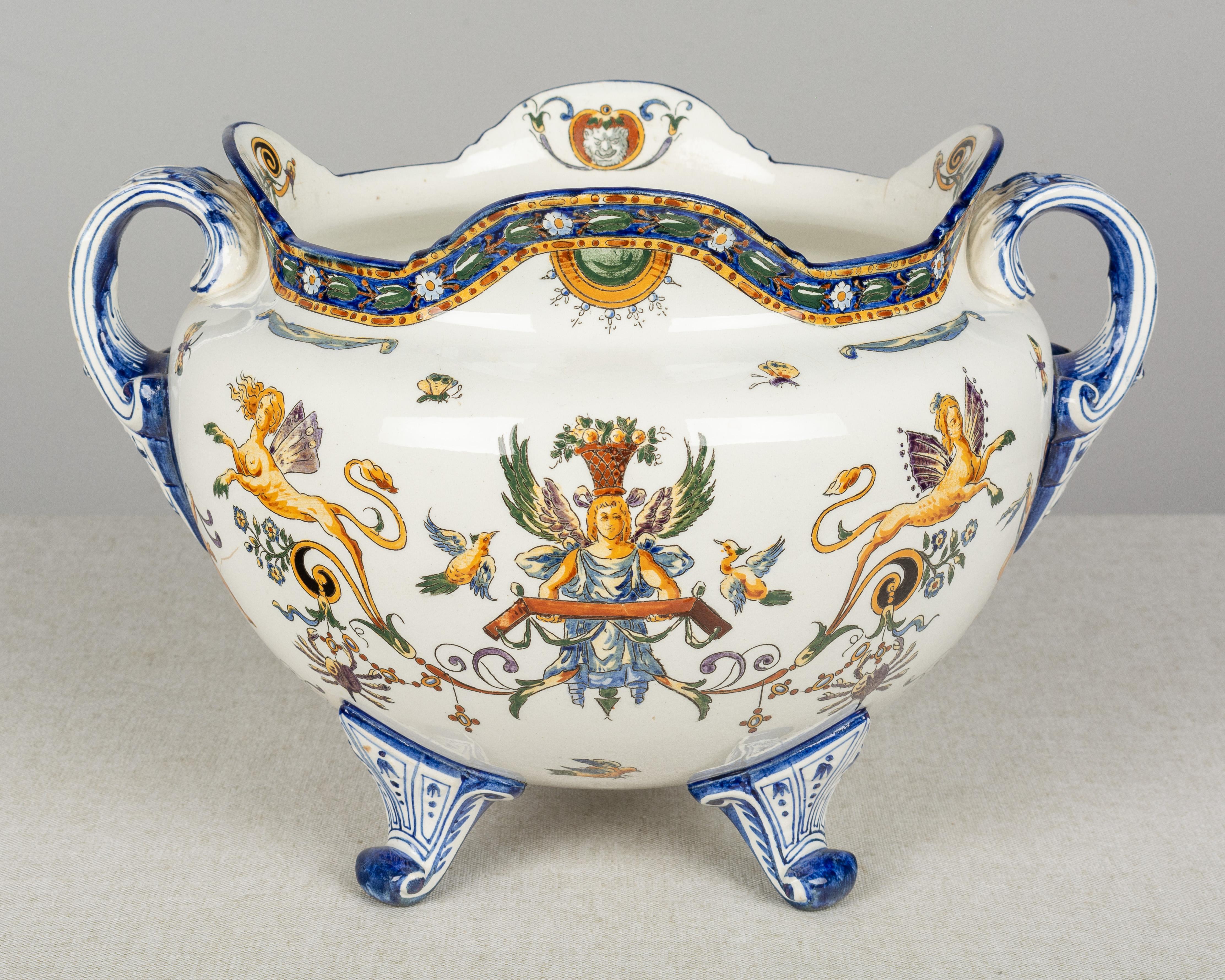 Renaissance 19th Century French Gien Faience Cachepot