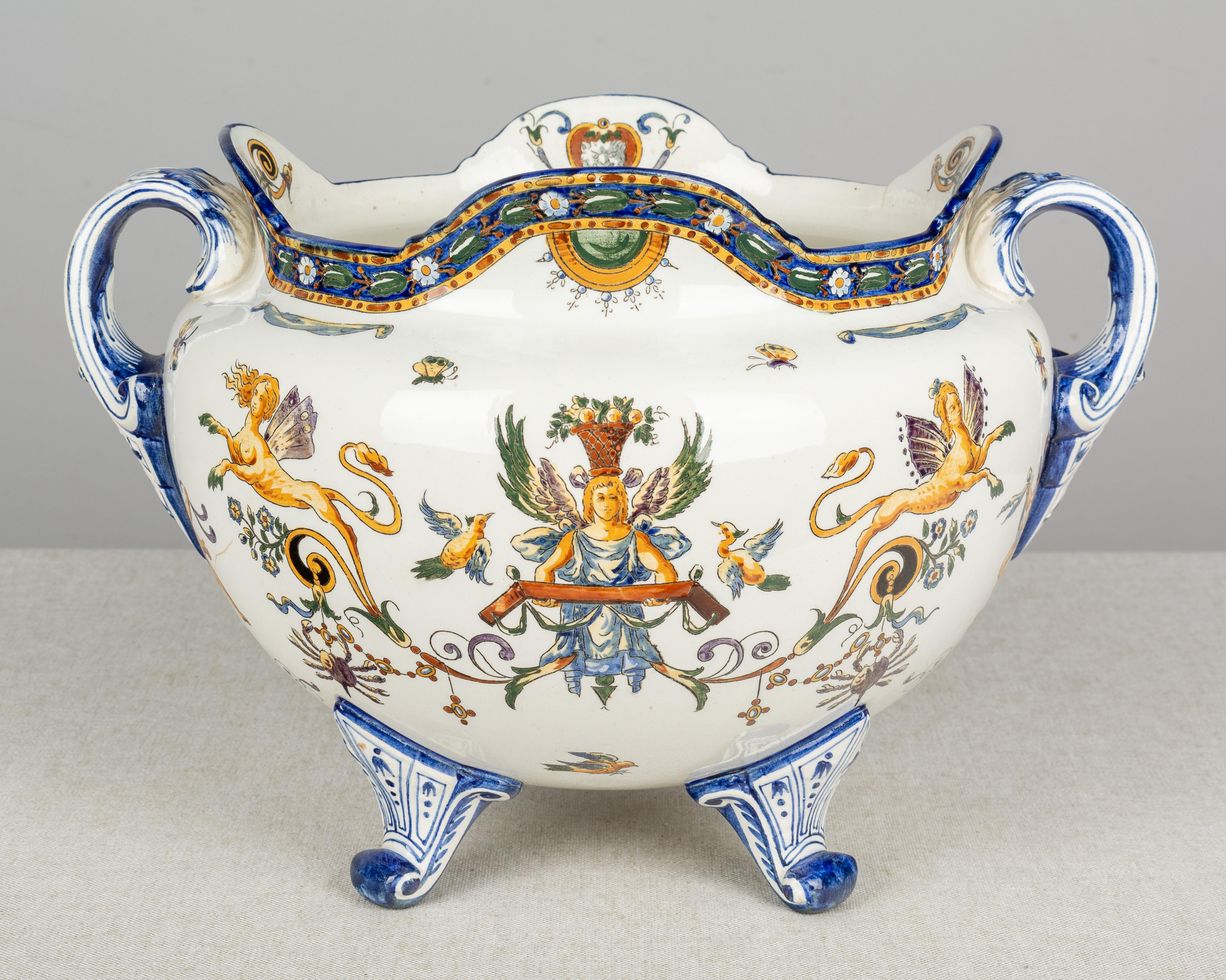 Hand-Painted 19th Century French Gien Faience Cachepot