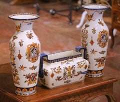19th Century French Gien Faience Renaissance Revival Garniture Set, 3 Pieces