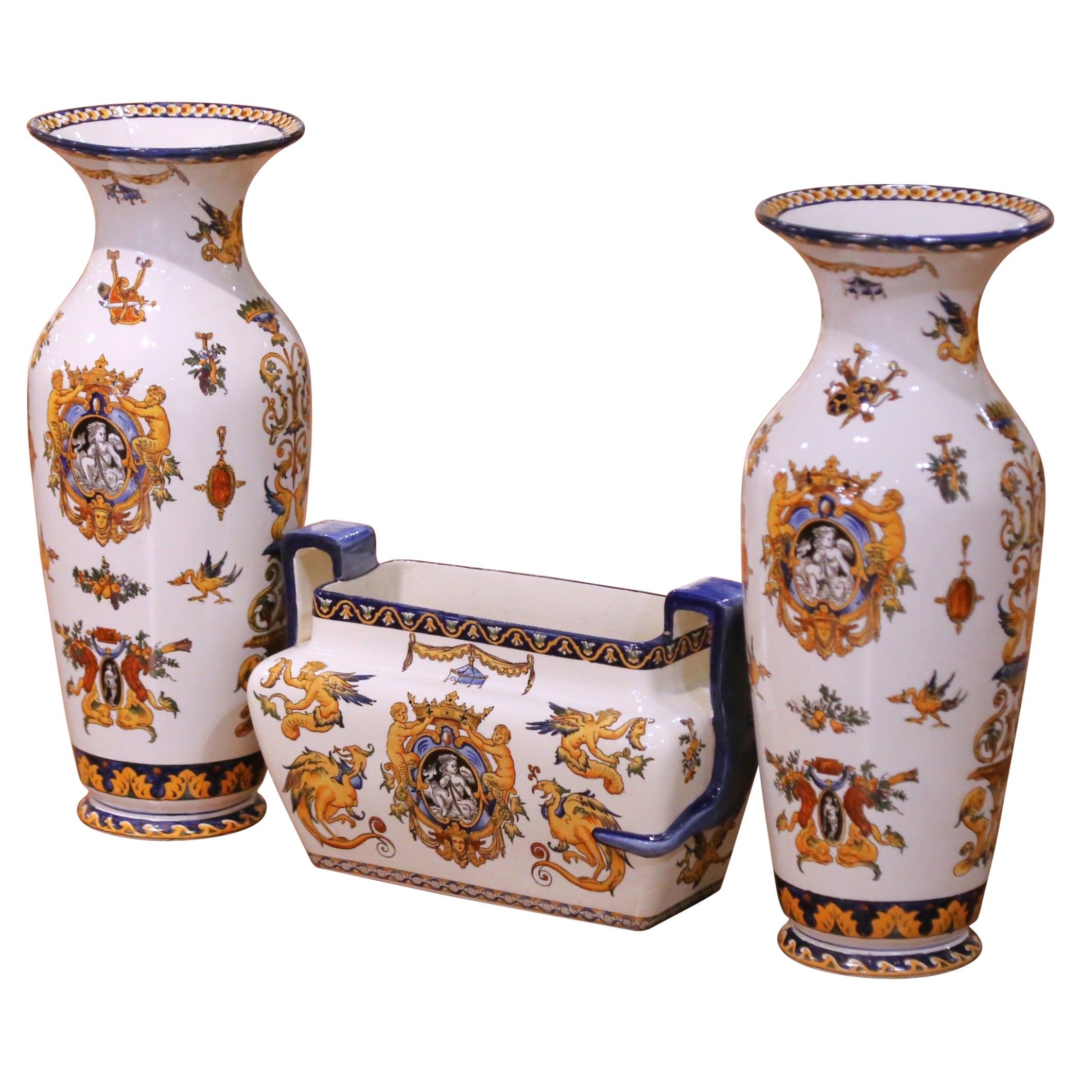 19th Century French Gien Faience Renaissance Revival Garniture Set, 3 Pieces For Sale
