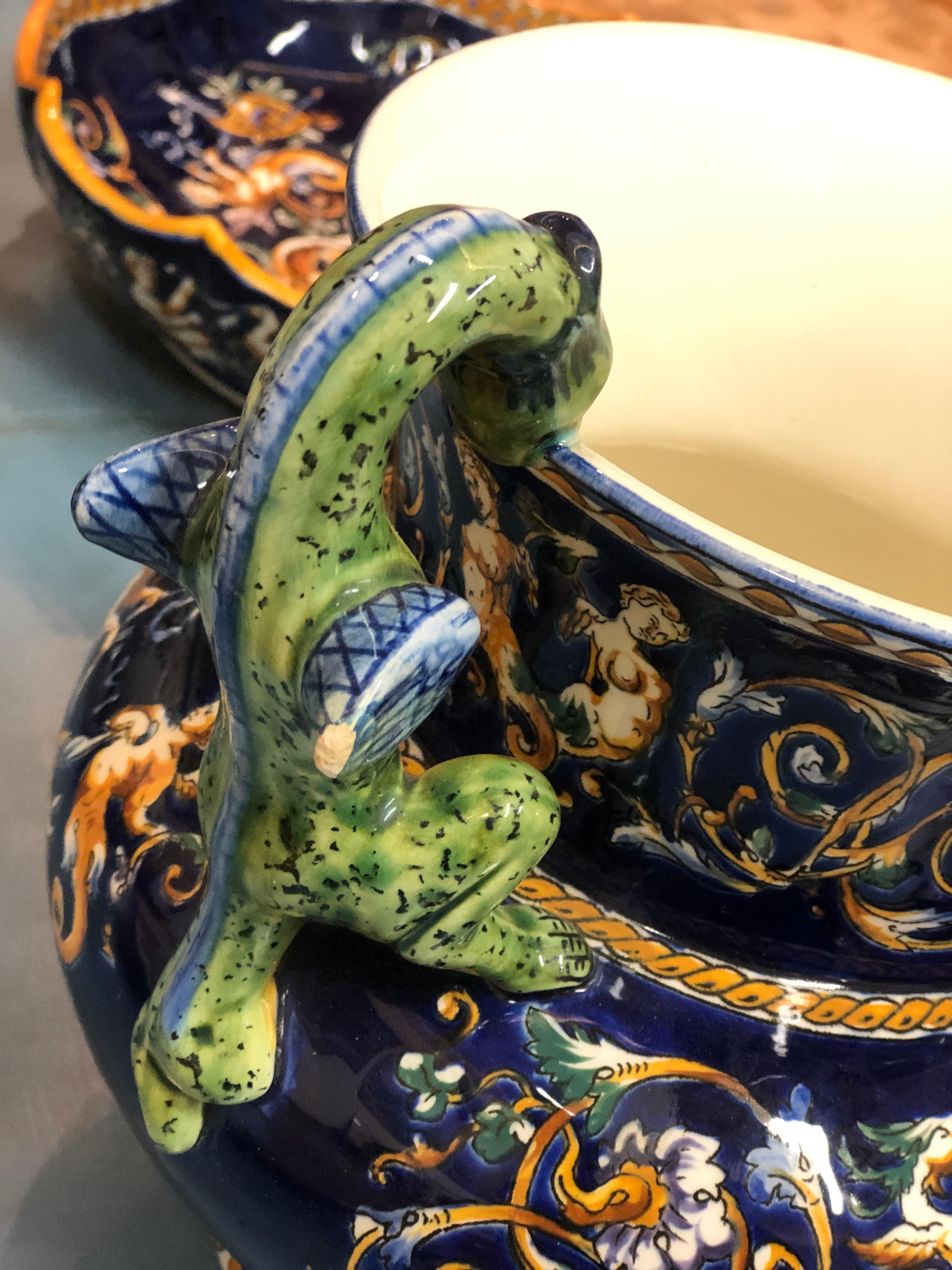 Hand-Painted 19th Century French Gien Renaissance Ceramic Vase with Lizard's Handles