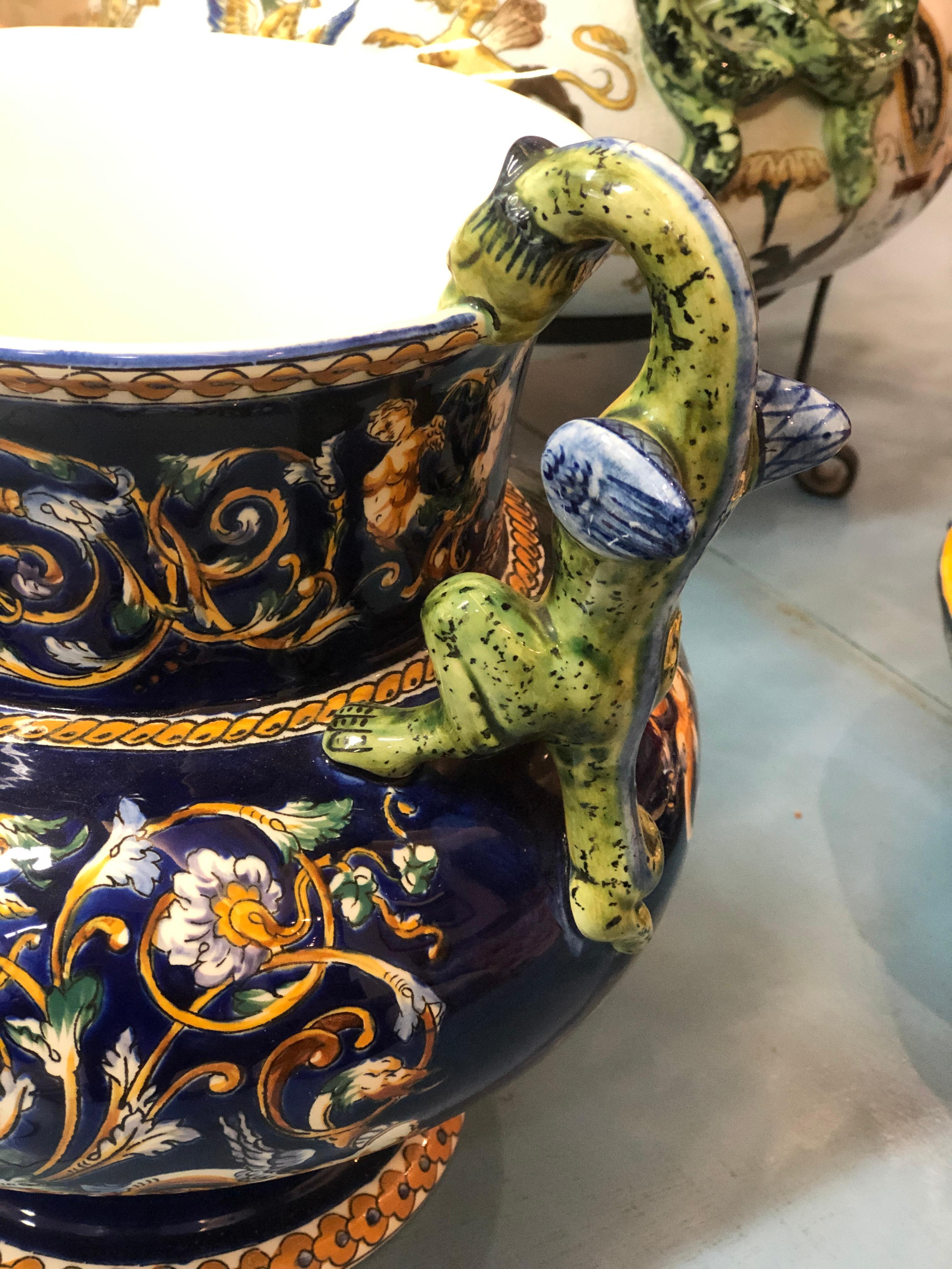 19th Century French Gien Renaissance Ceramic Vase with Lizard's Handles In Good Condition In Sofia, BG