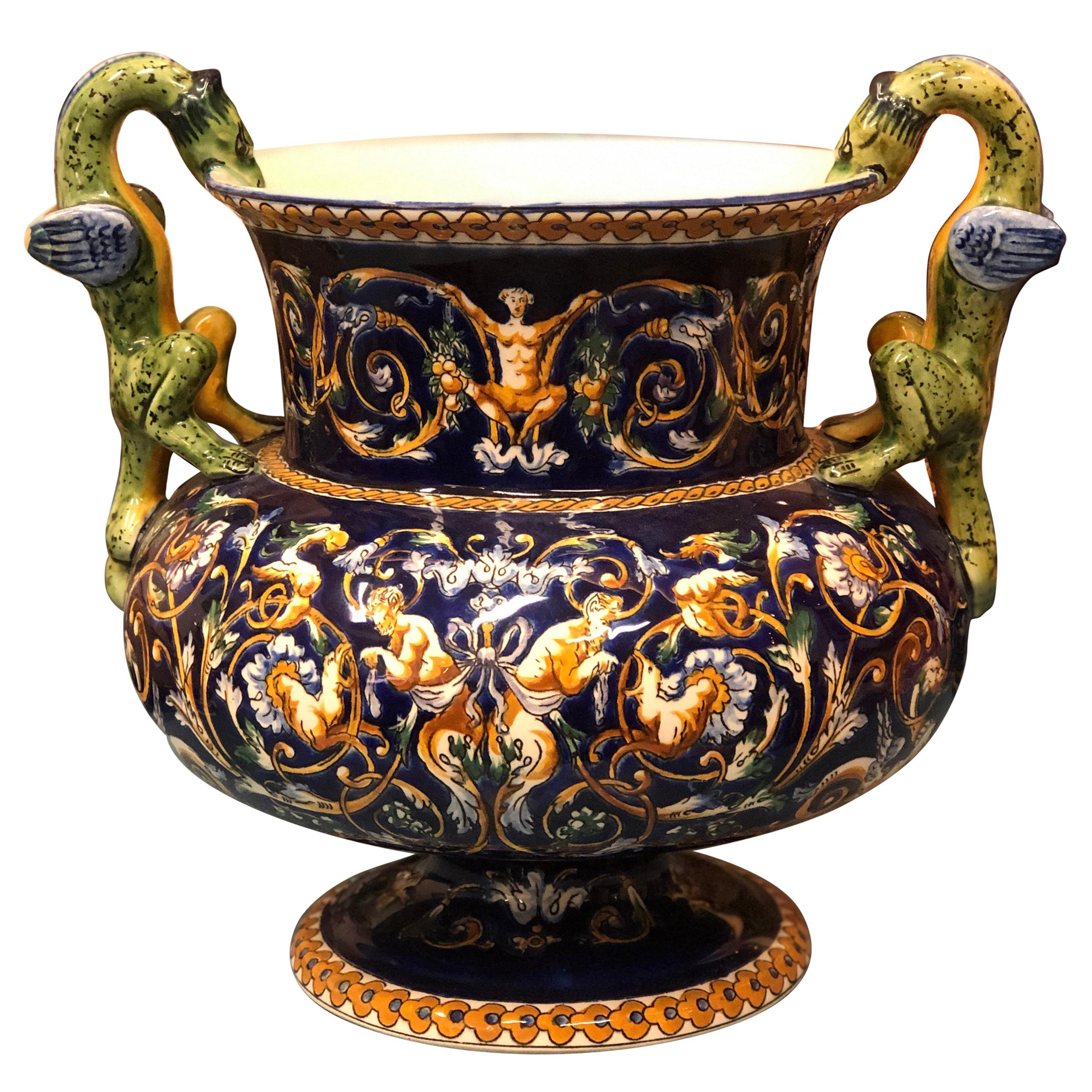 19th Century French Gien Renaissance Ceramic Vase with Lizard's Handles