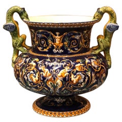 französische Gien-Renaissance-Keramikvase mit Eidechsengriffen aus dem 19