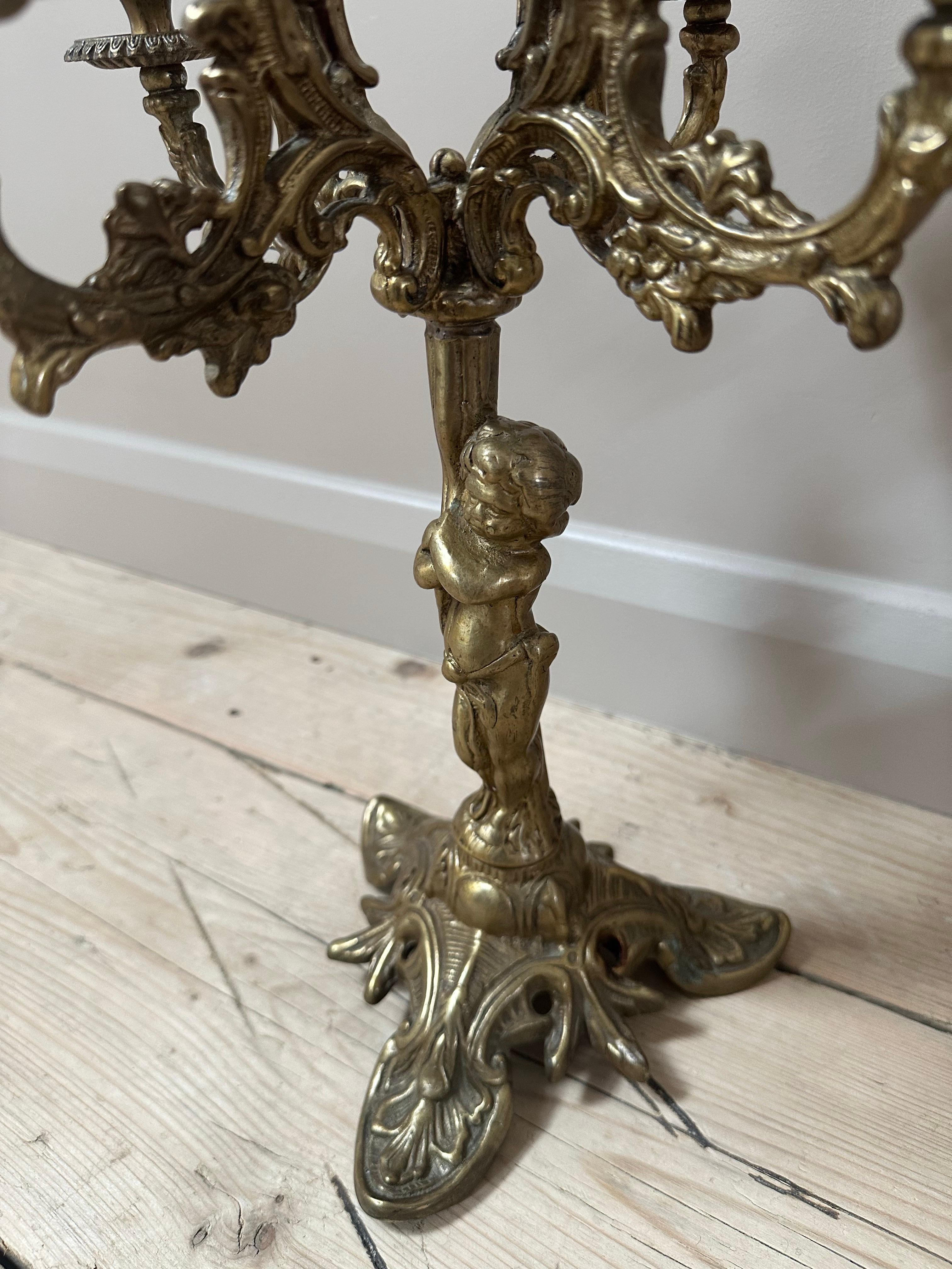 19th Century French, Gilded 5-Arm Cherub Candelabra For Sale 3