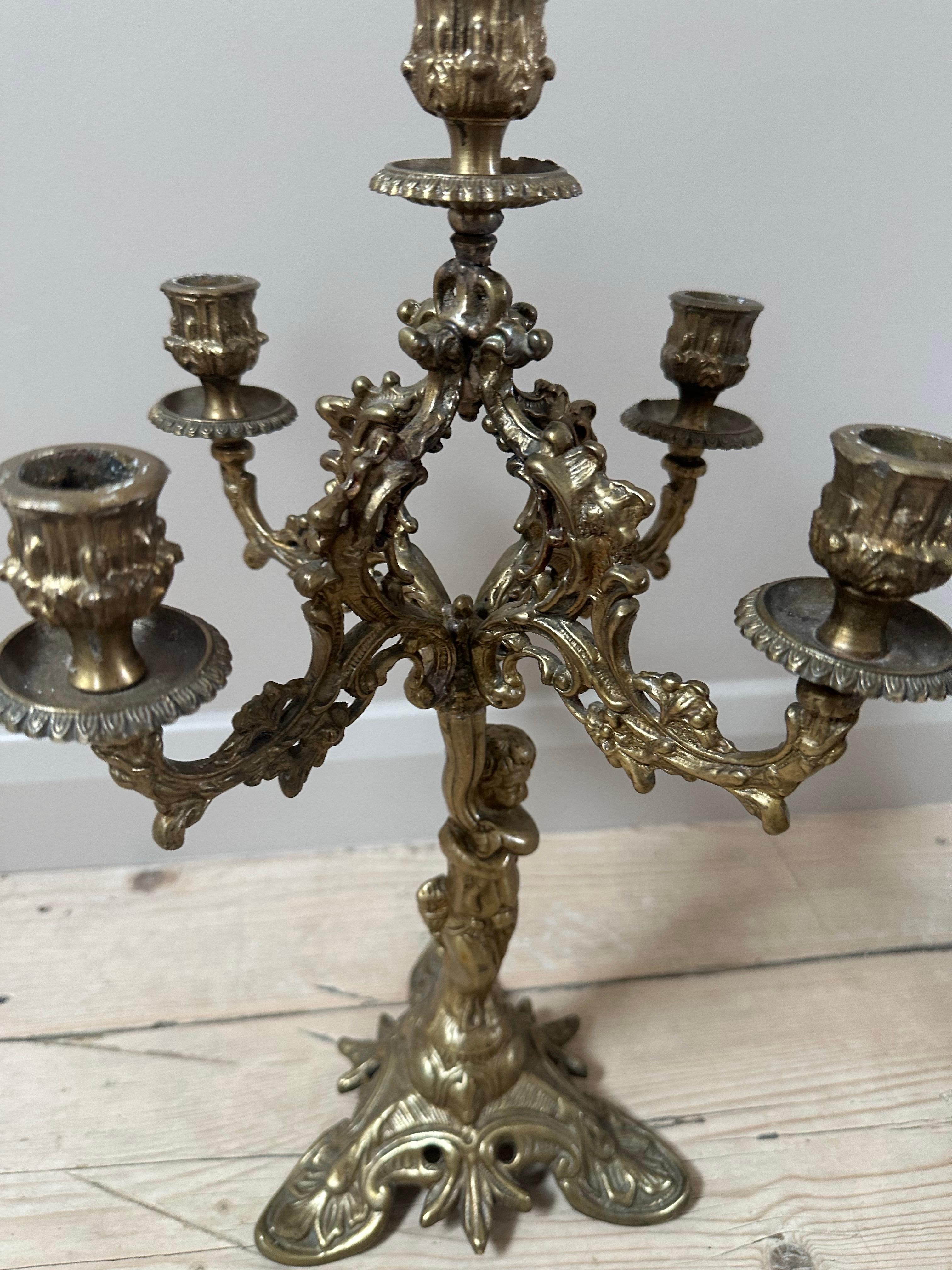 19th Century French, Gilded 5-Arm Cherub Candelabra For Sale 4