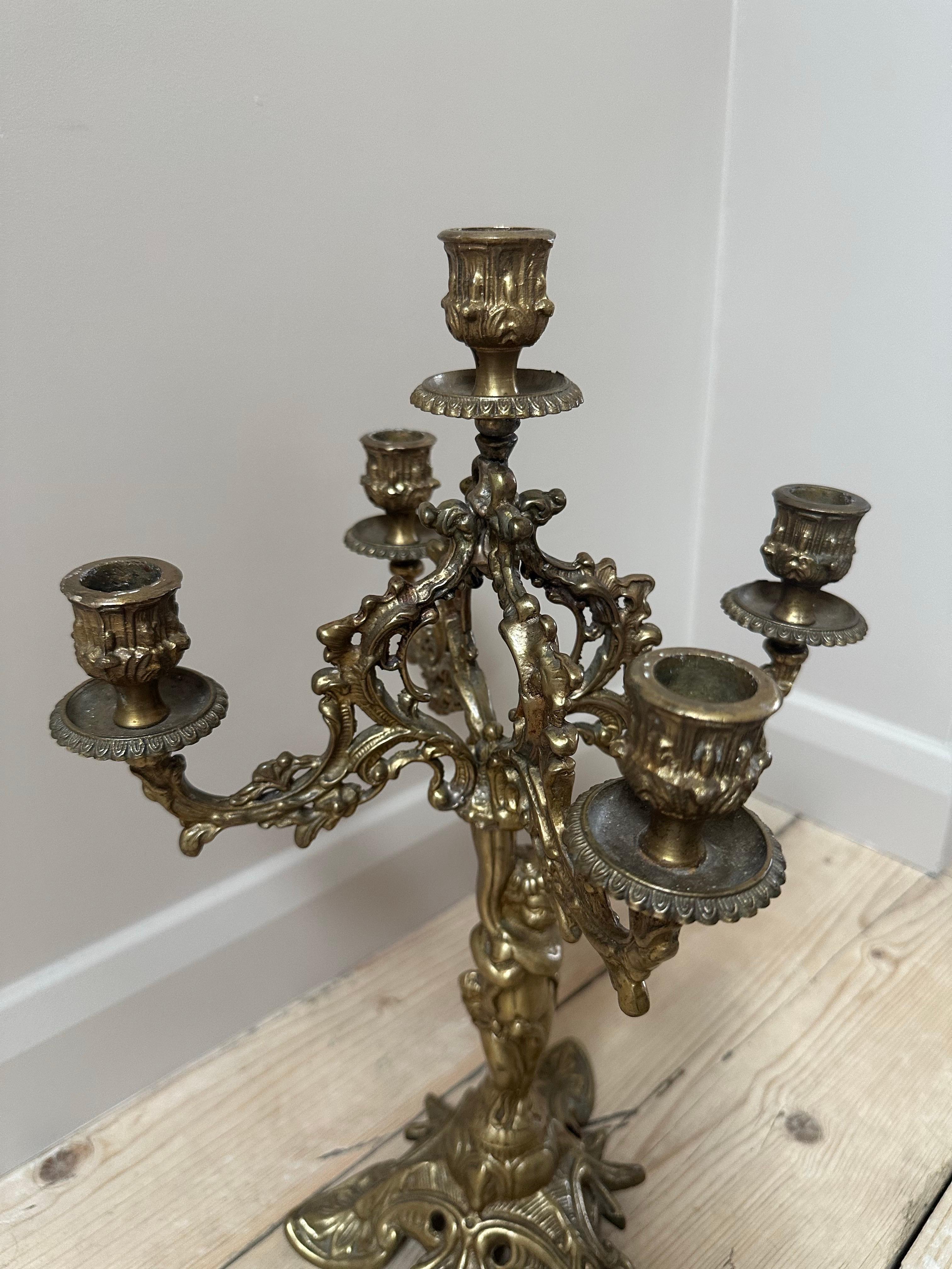 19th Century French, Gilded 5-Arm Cherub Candelabra For Sale 8