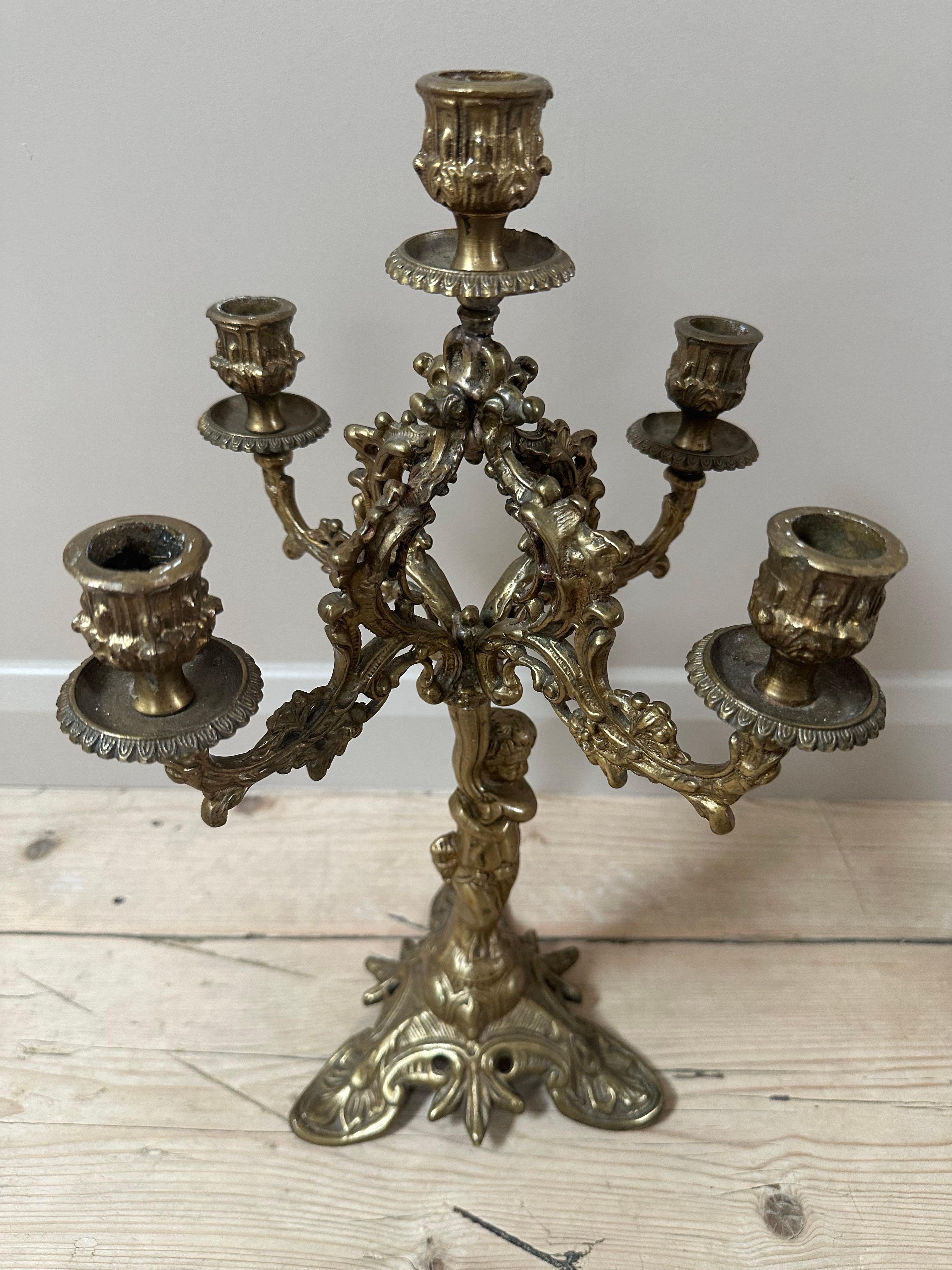 19th Century French, Gilded 5-Arm Cherub Candelabra For Sale 9