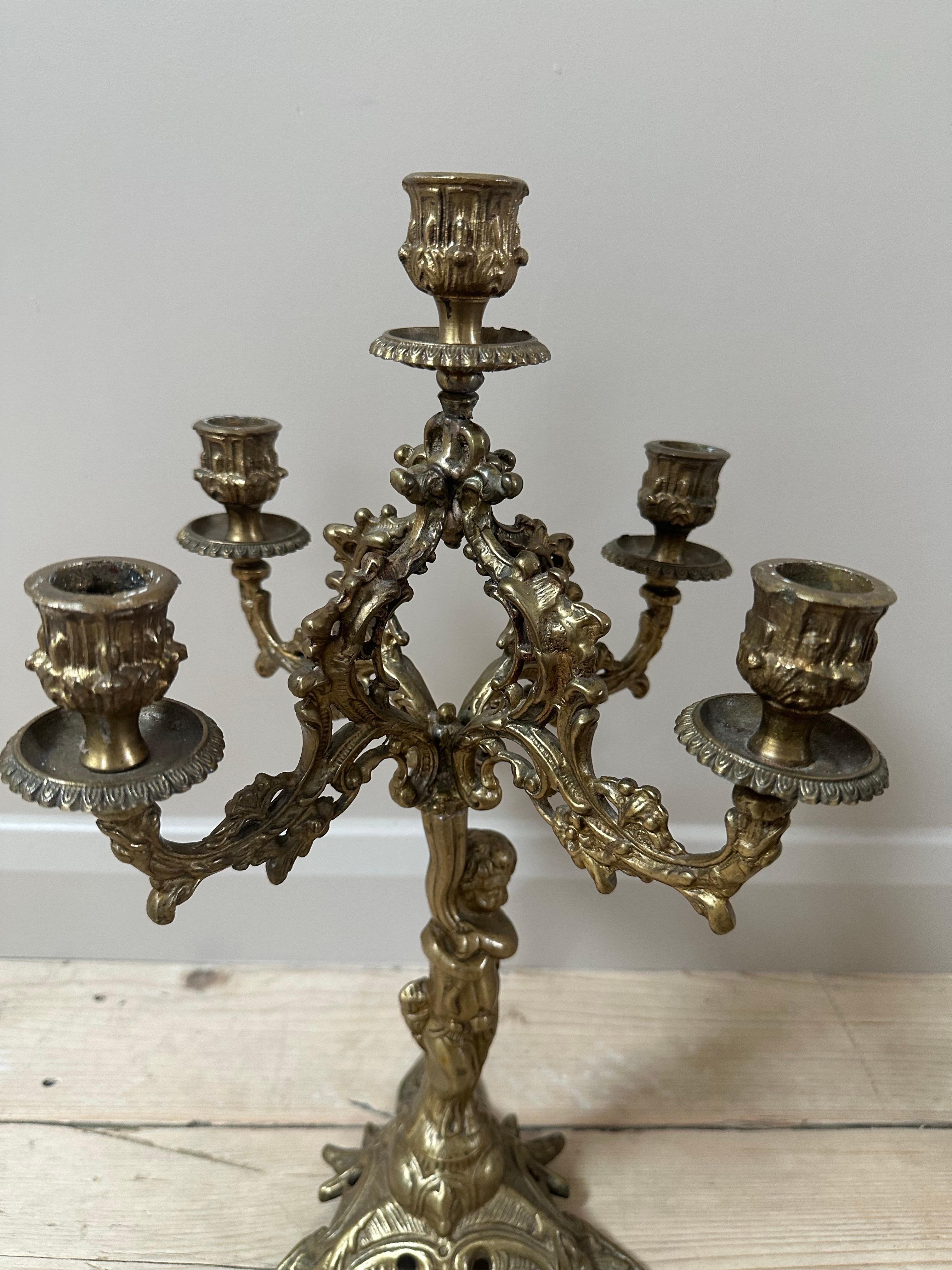 19th Century French, Gilded 5-Arm Cherub Candelabra For Sale 10