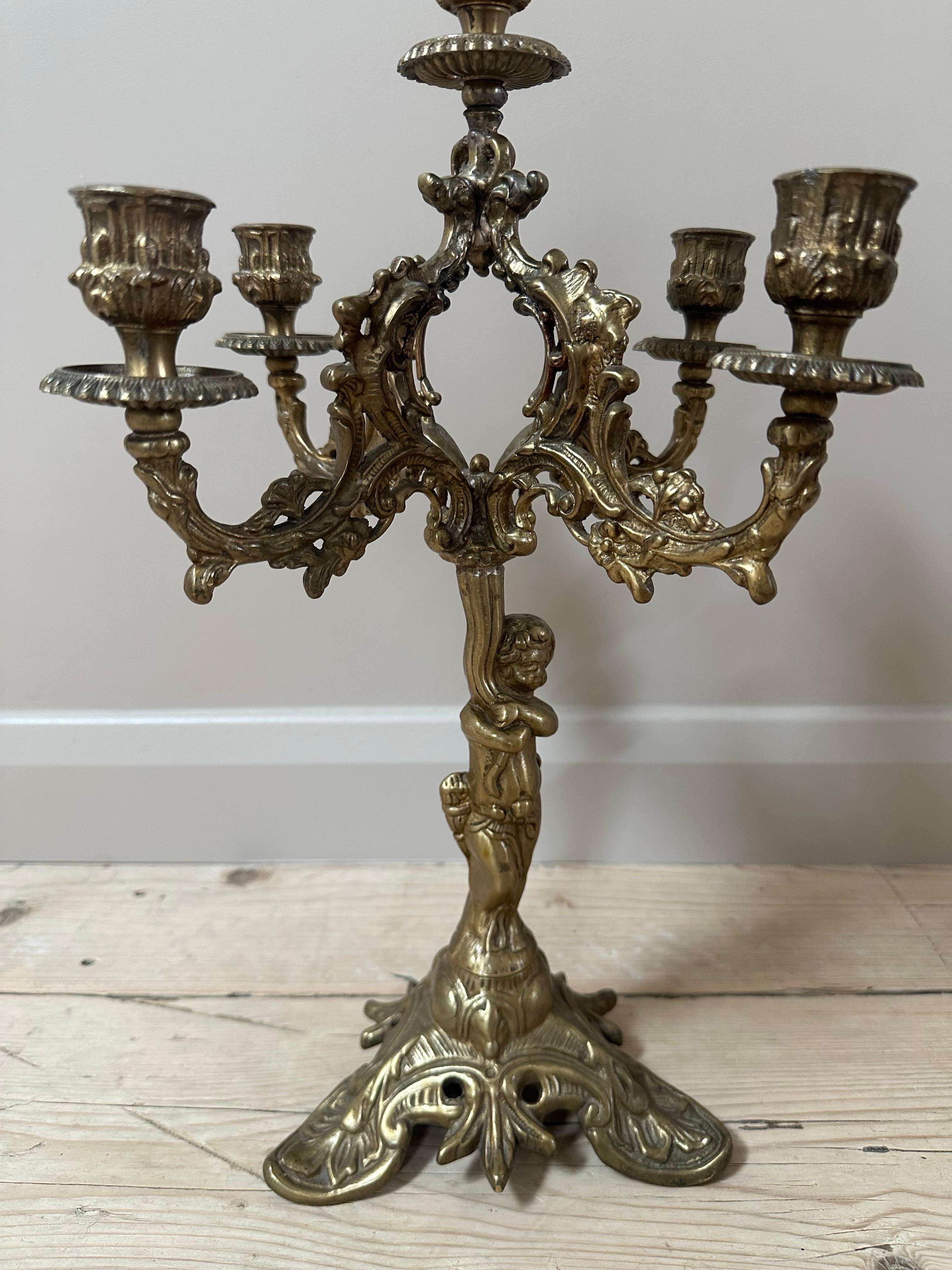 19th Century French, Gilded 5-Arm Cherub Candelabra For Sale 11