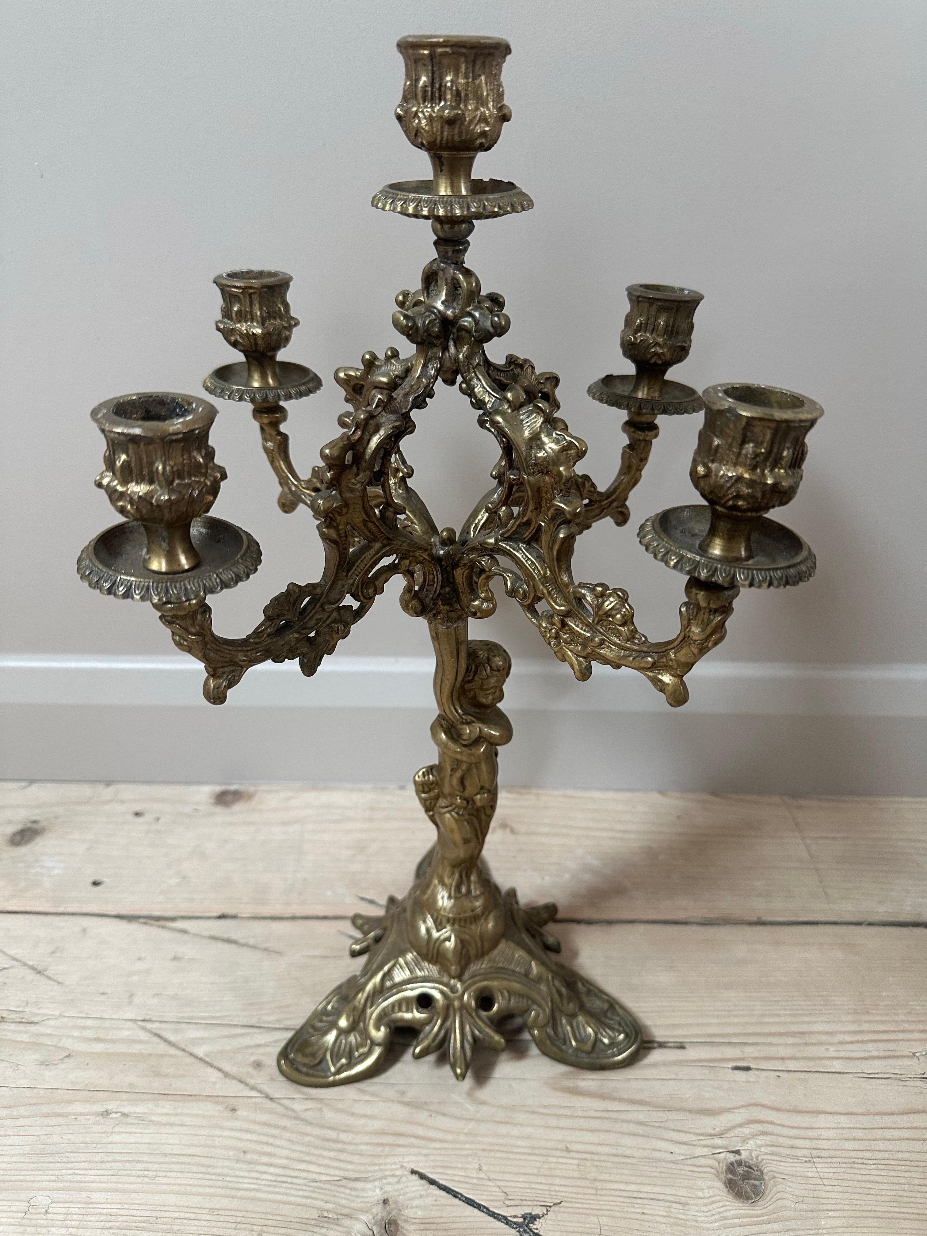 Victorian 19th Century French, Gilded 5-Arm Cherub Candelabra For Sale