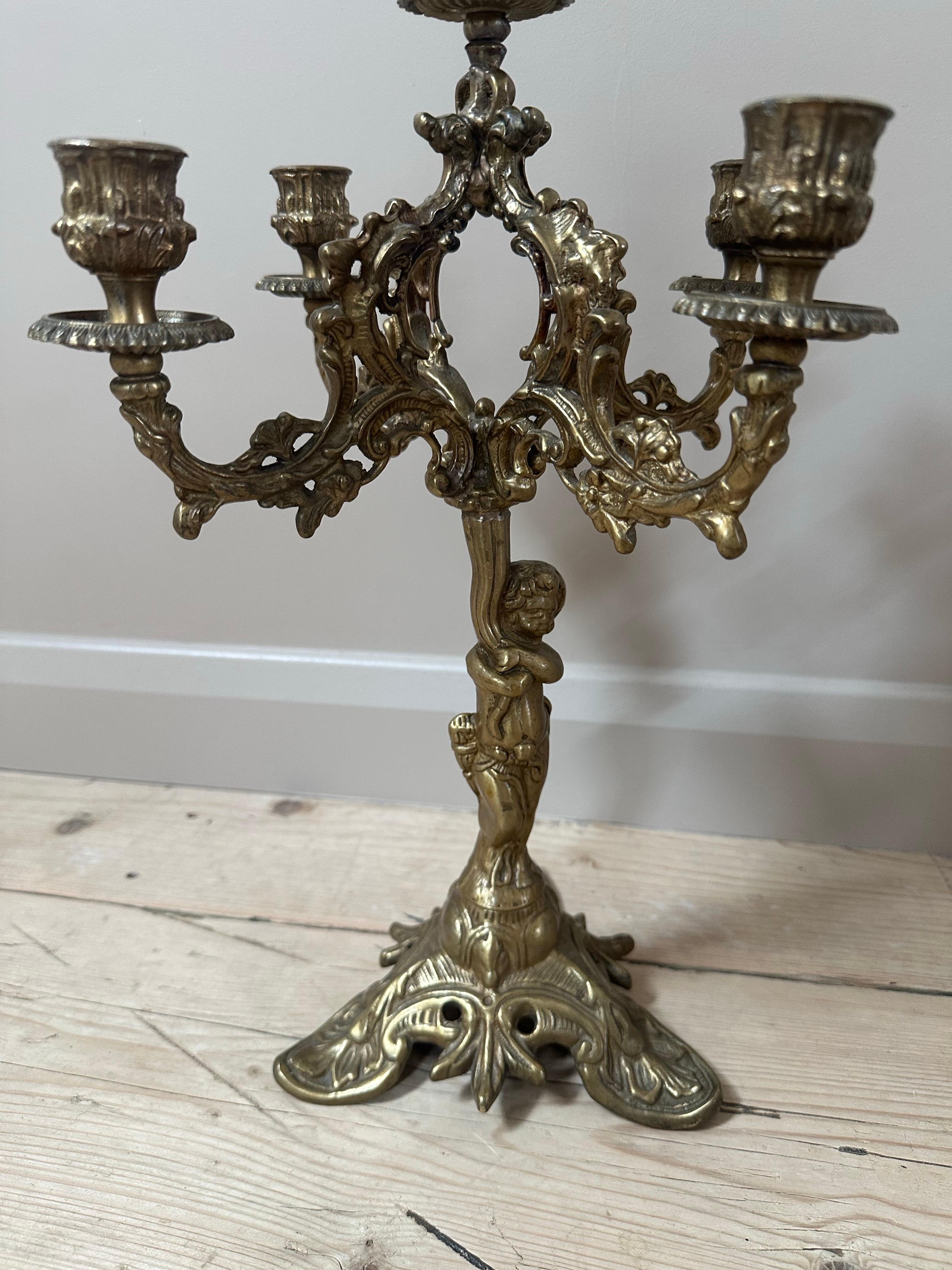 English 19th Century French, Gilded 5-Arm Cherub Candelabra For Sale