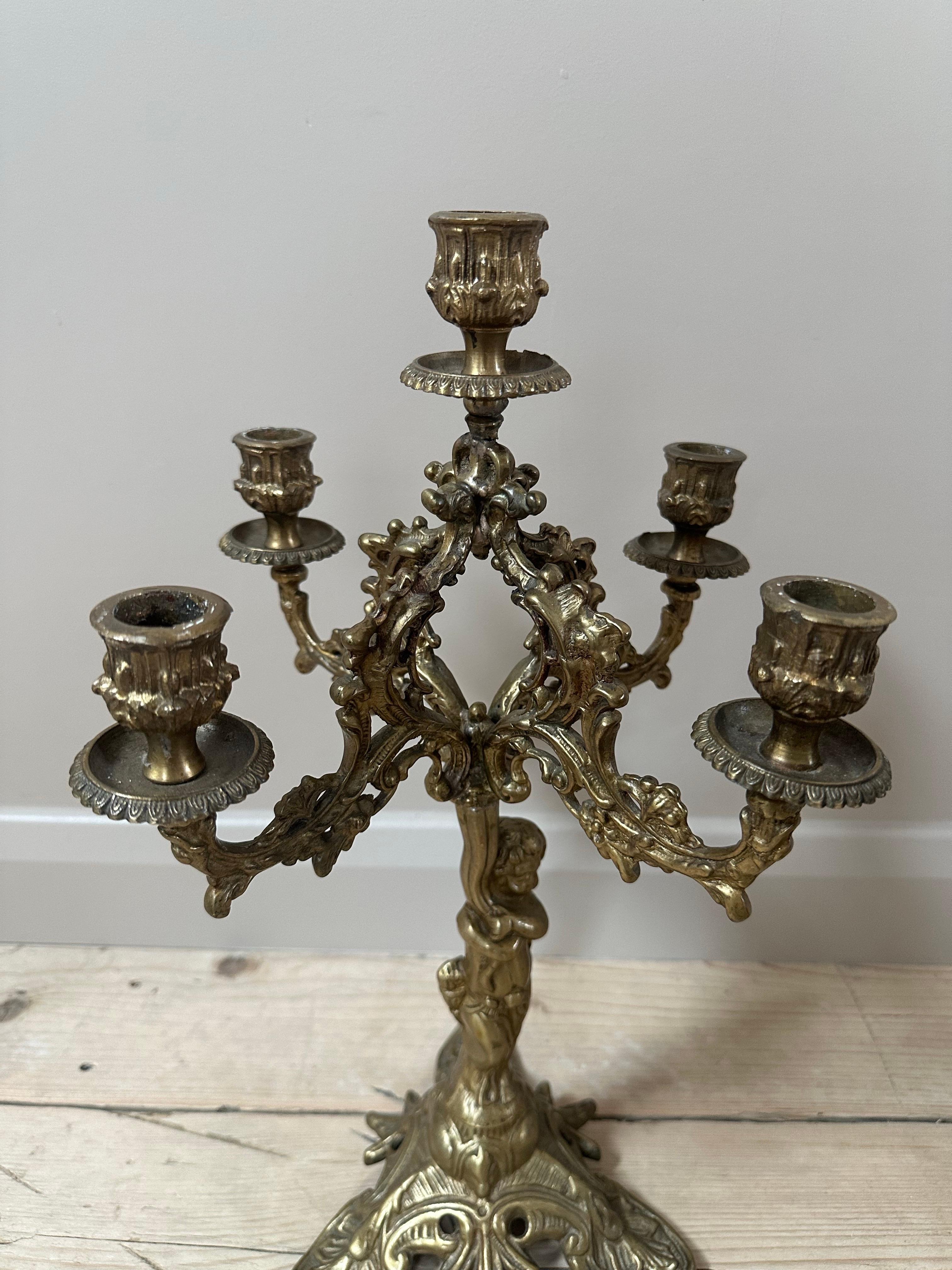 Hand-Carved 19th Century French, Gilded 5-Arm Cherub Candelabra For Sale