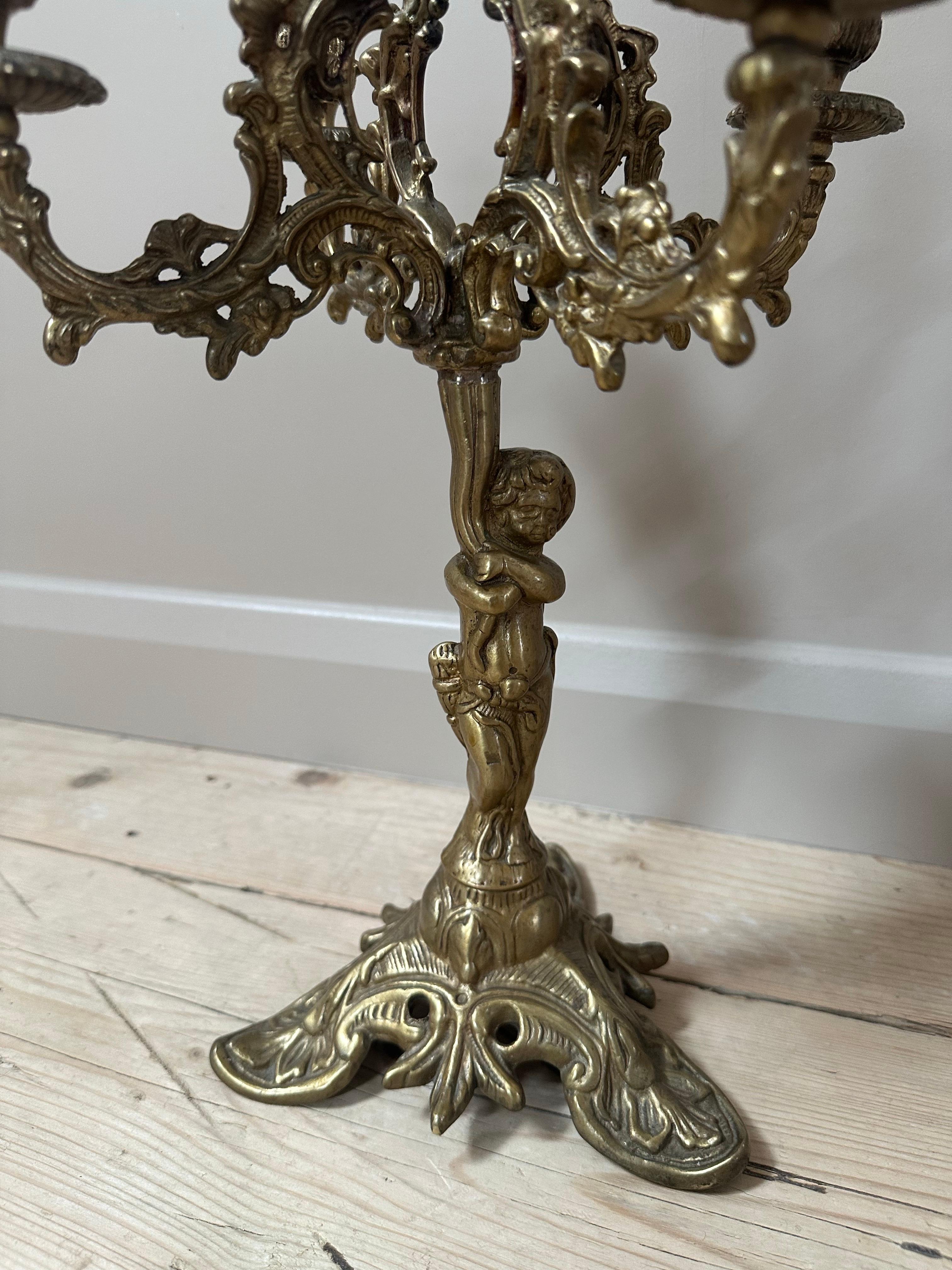 19th Century French, Gilded 5-Arm Cherub Candelabra In Good Condition For Sale In Worcester Park, GB