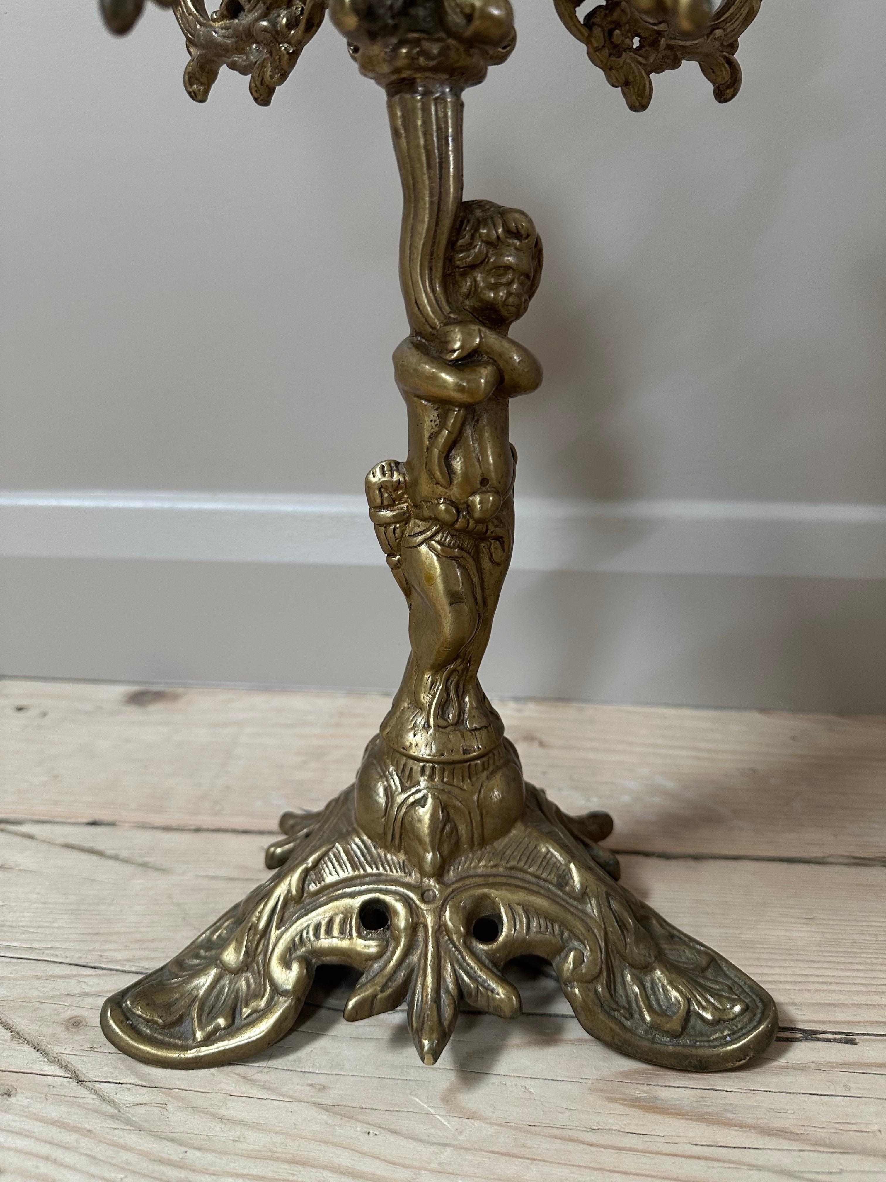 Late 19th Century 19th Century French, Gilded 5-Arm Cherub Candelabra For Sale
