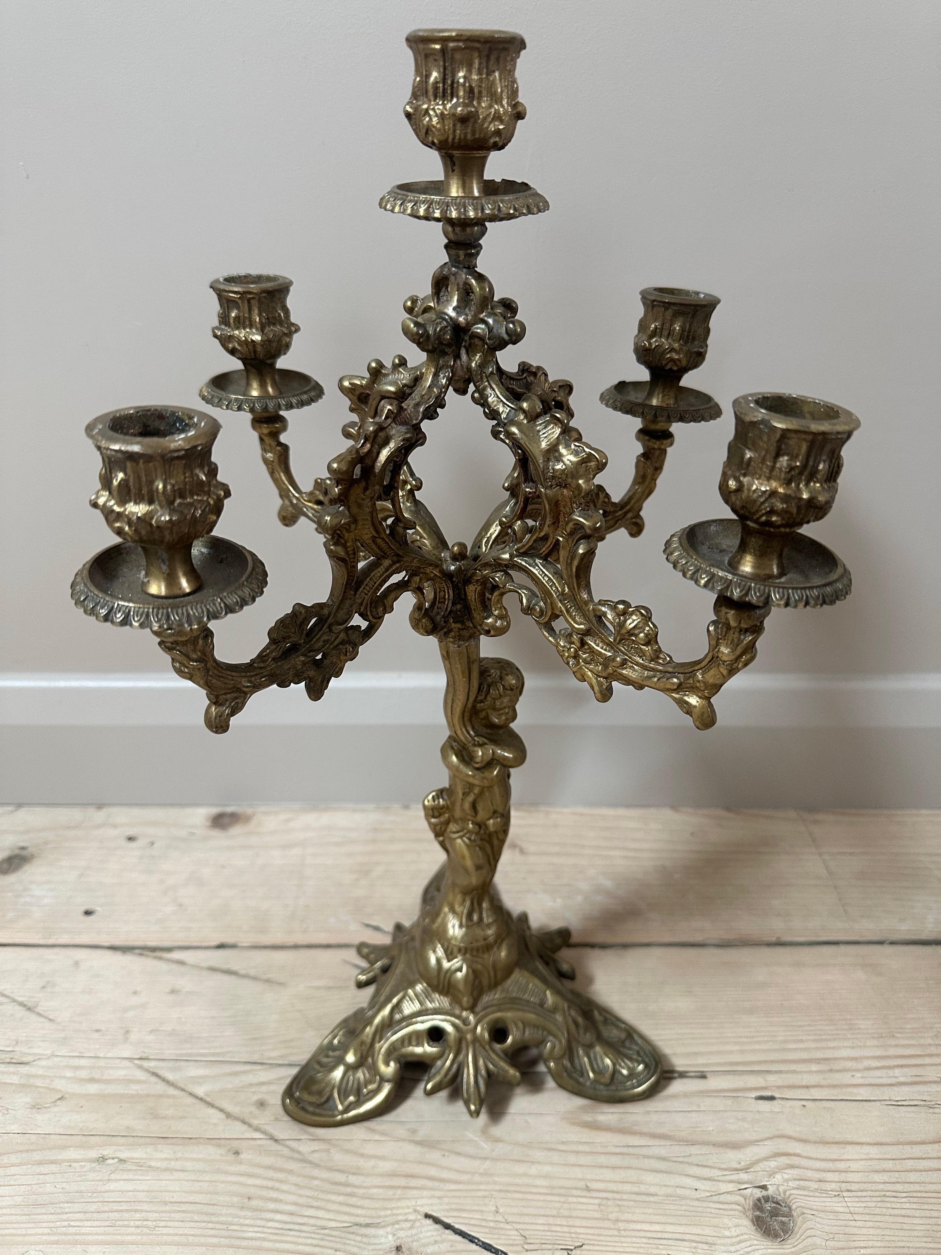 Brass 19th Century French, Gilded 5-Arm Cherub Candelabra For Sale