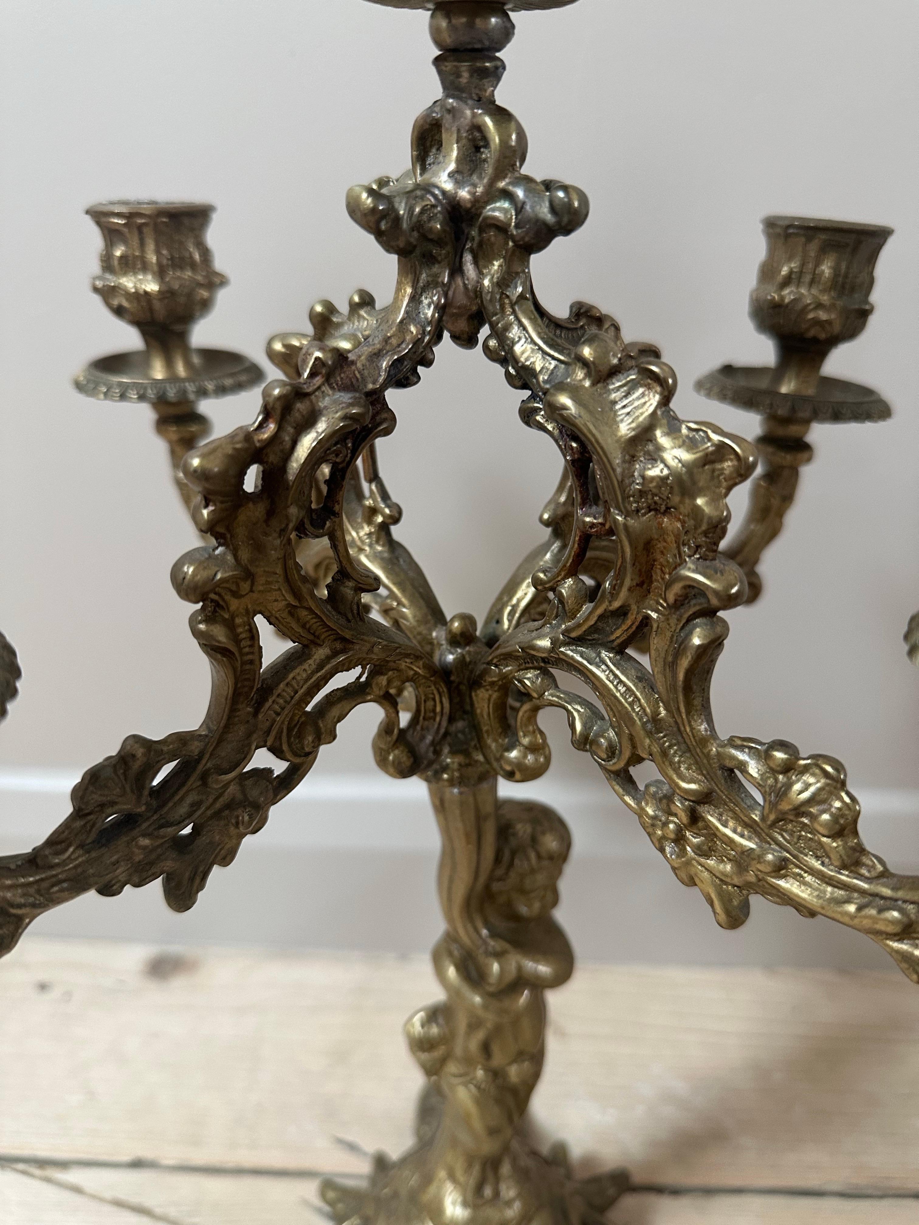 19th Century French, Gilded 5-Arm Cherub Candelabra For Sale 1