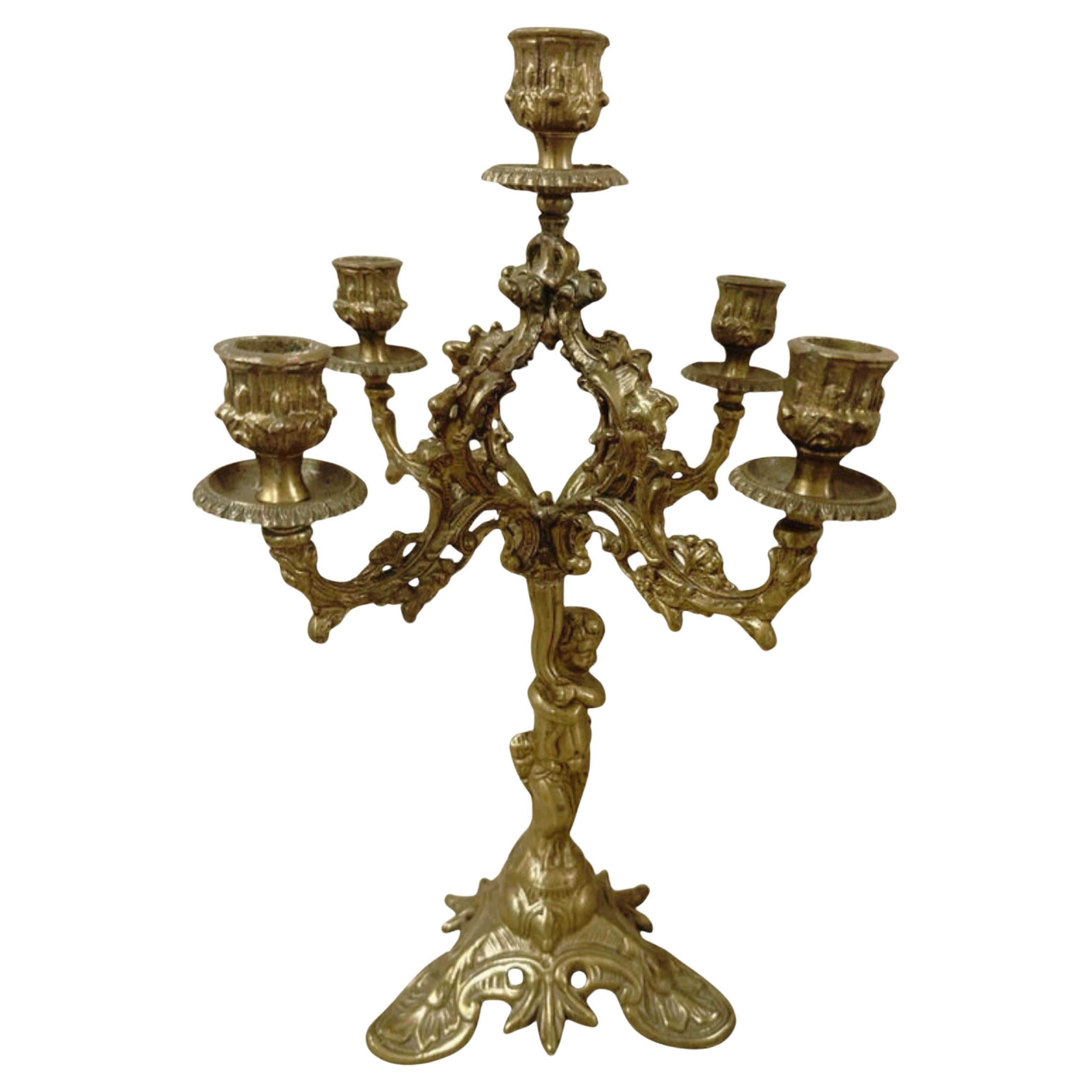 Siglo XIX, francés, candelabro de querubín dorado de 5 brazos