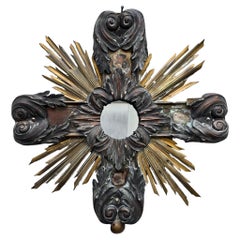 19th Century French Gilded and Patinated Metal Cross Mirror with Sunburst Rays