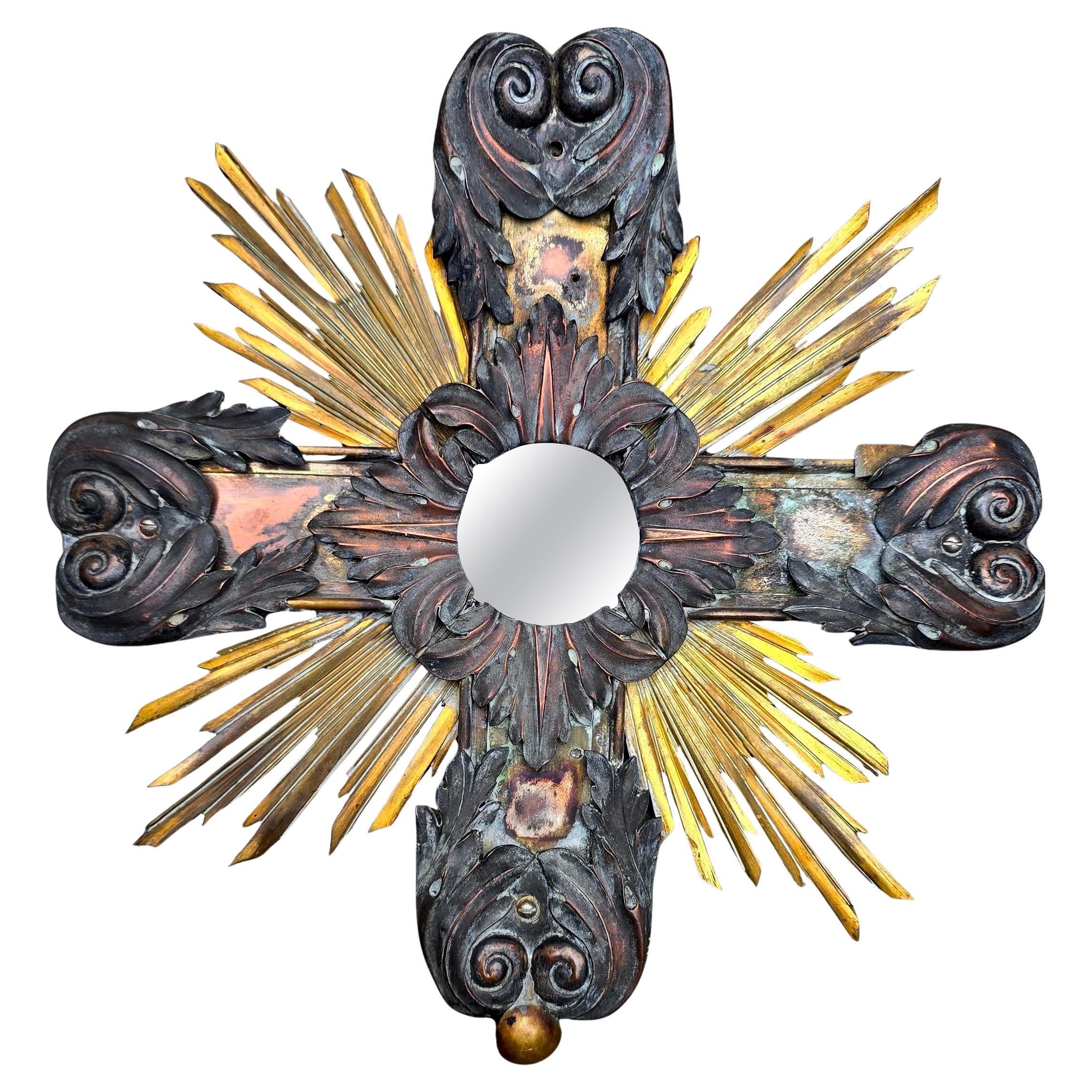 19th Century French Gilded and Patinated Metal Cross Mirror with Sunburst Rays For Sale