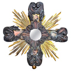 19th Century French Gilded and Patinated Metal Cross Mirror with Sunburst Rays