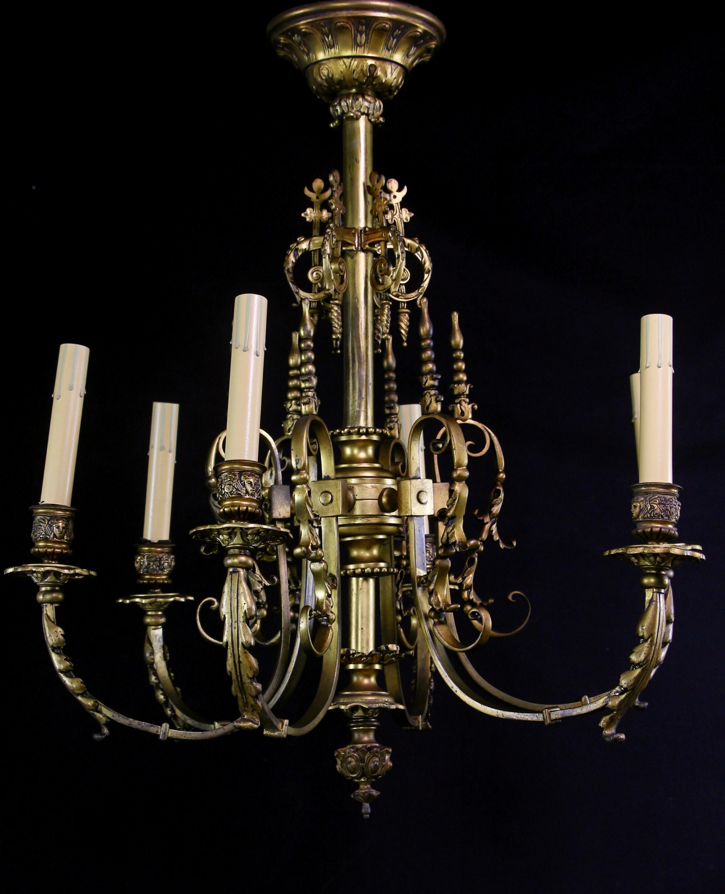 19th Century French Gilded Bronze 6 Arm Chandelier For Sale 11