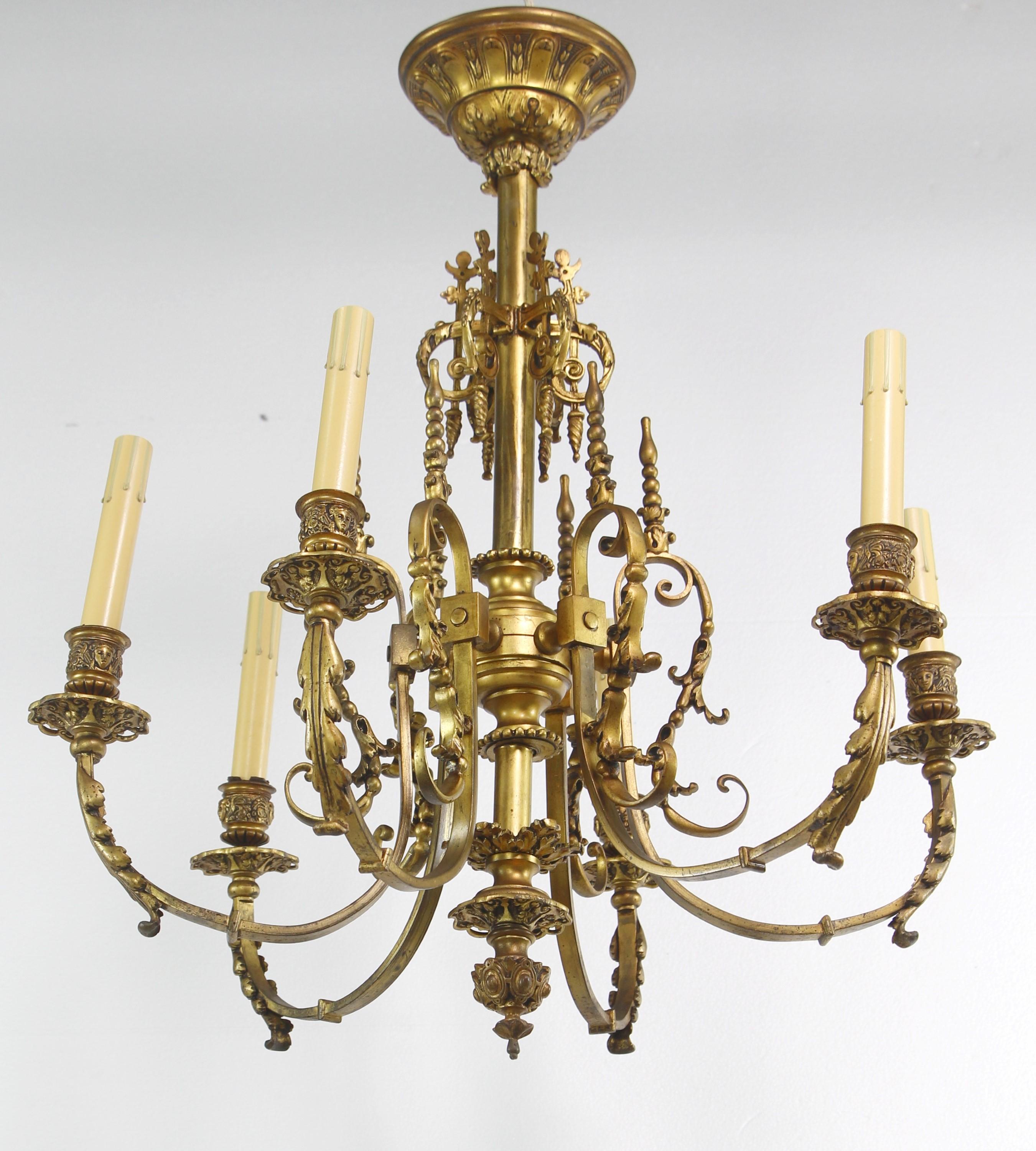 Heavy cast bronze French chandelier with intricate details from the 19th century. Cleaned and restored. Takes 6 candelabra size light bulbs.  Please note, this item is located in one of our NYC locations.