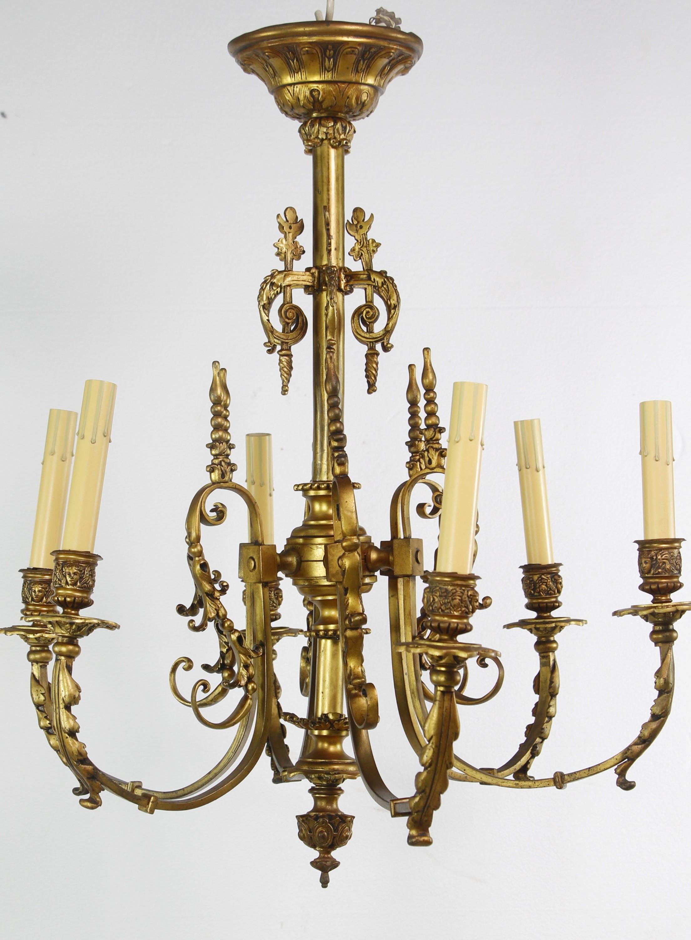 Gilt 19th Century French Gilded Bronze 6 Arm Chandelier For Sale