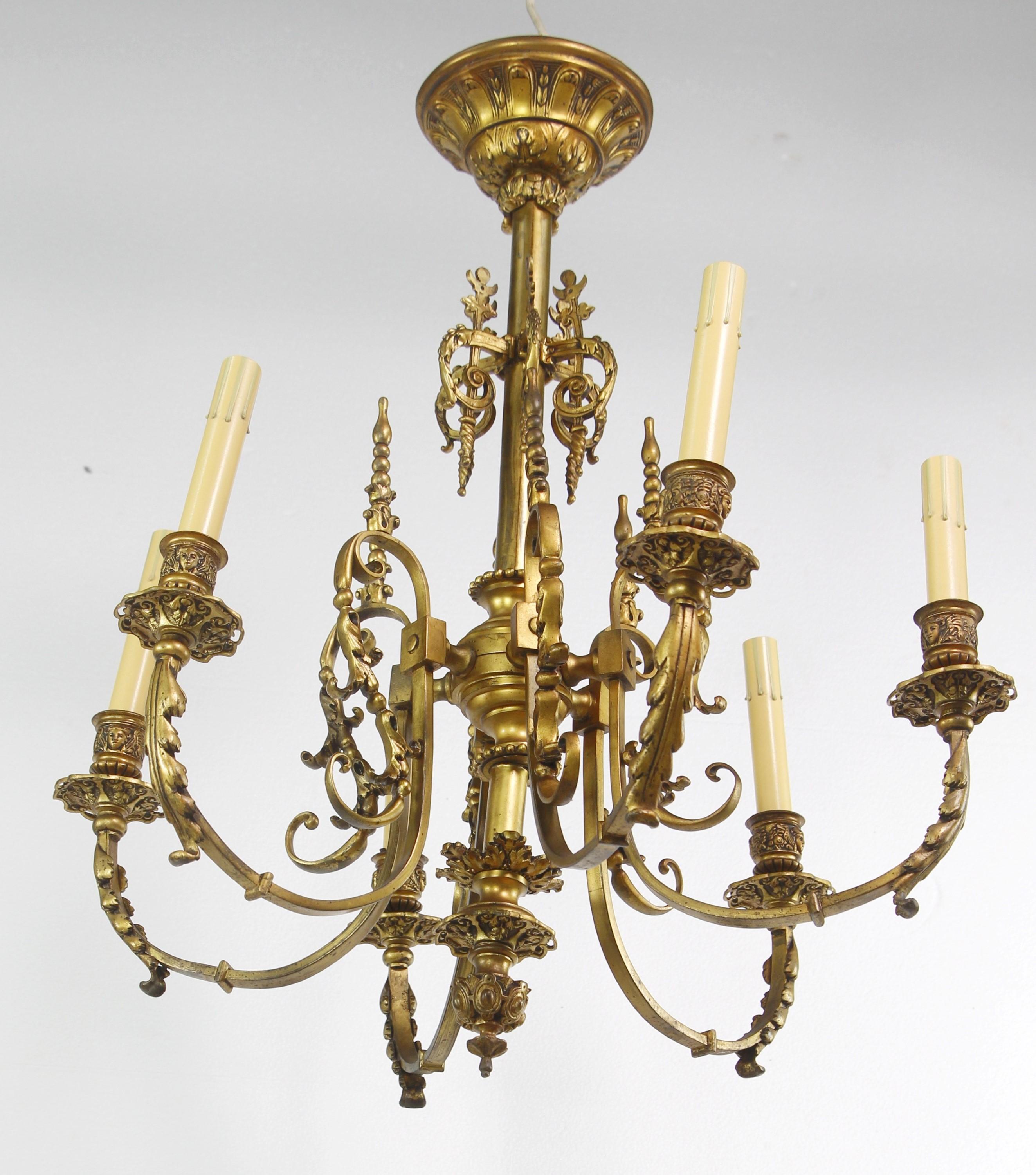 19th Century French Gilded Bronze 6 Arm Chandelier In Good Condition For Sale In New York, NY