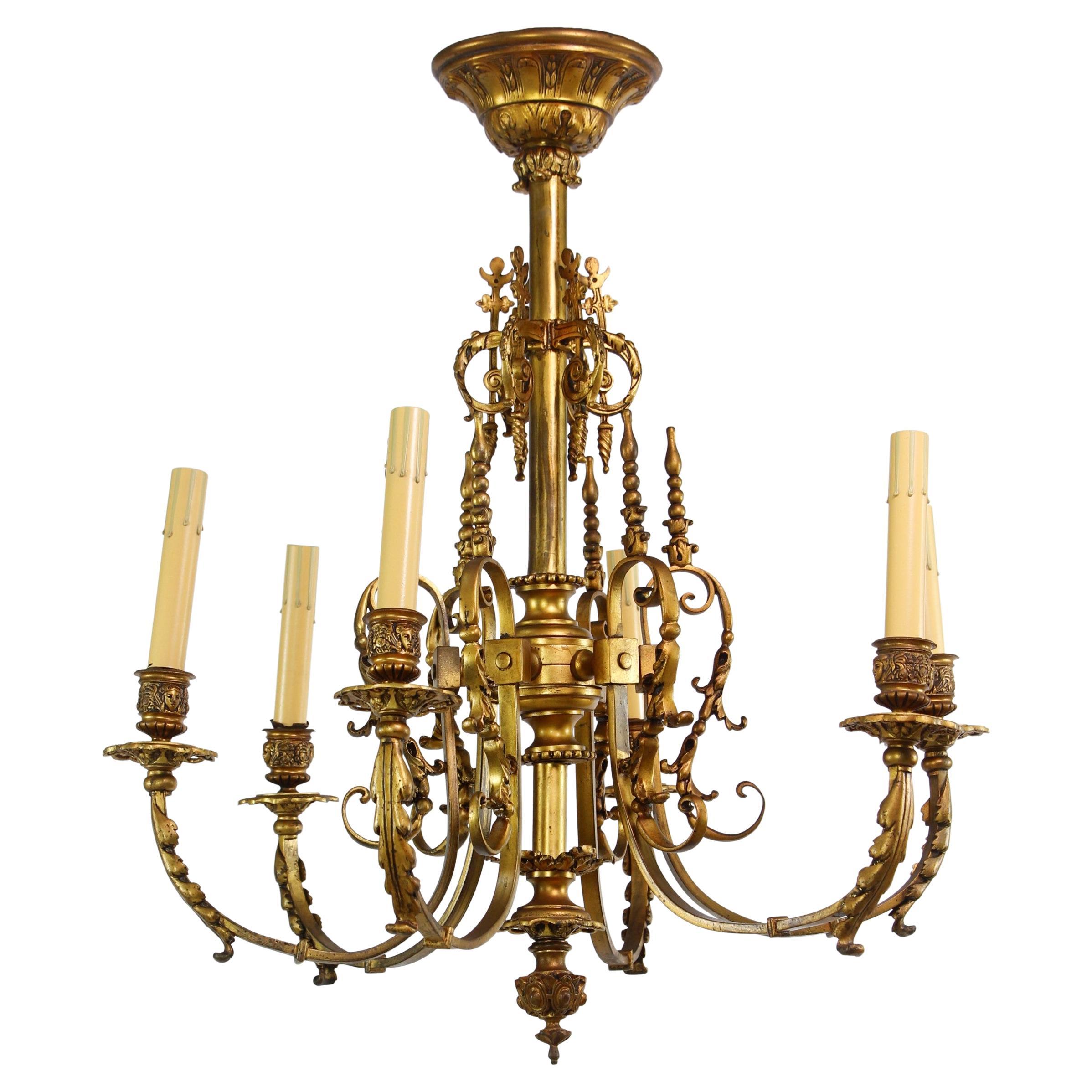 19th Century French Gilded Bronze 6 Arm Chandelier For Sale
