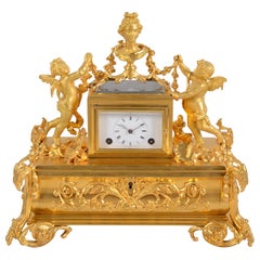 19th Century French Gilded Desk Clock and Inkwell