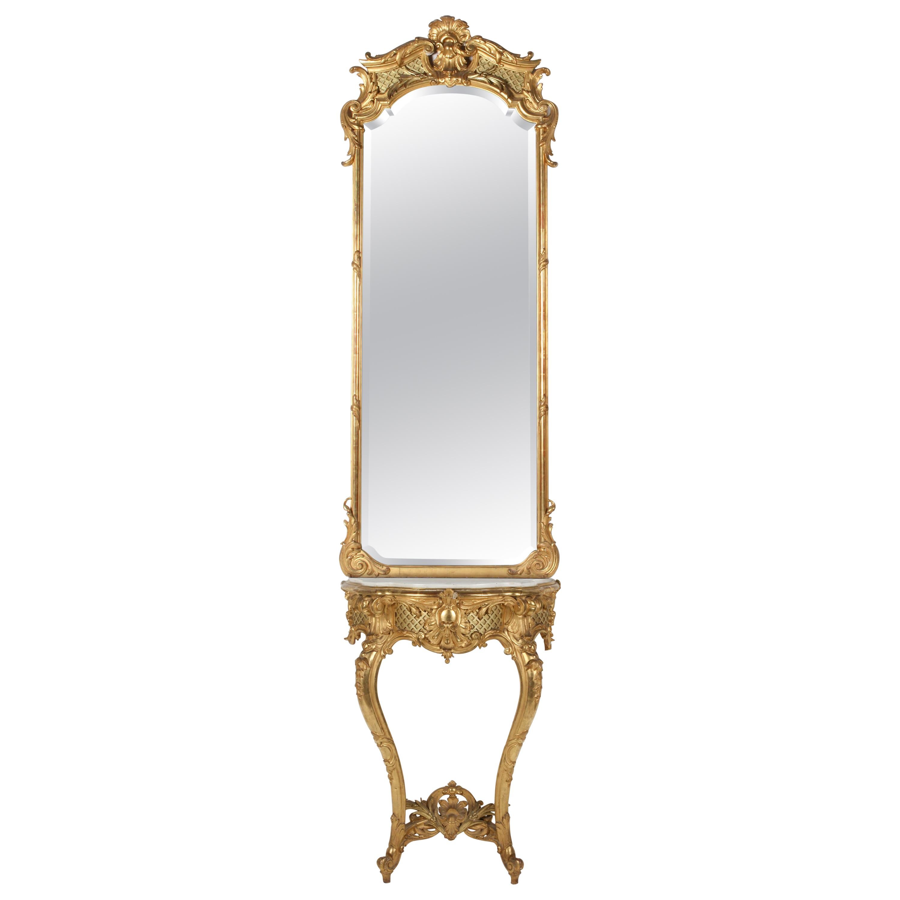 miroir doré français du 19e siècle et table console assortie