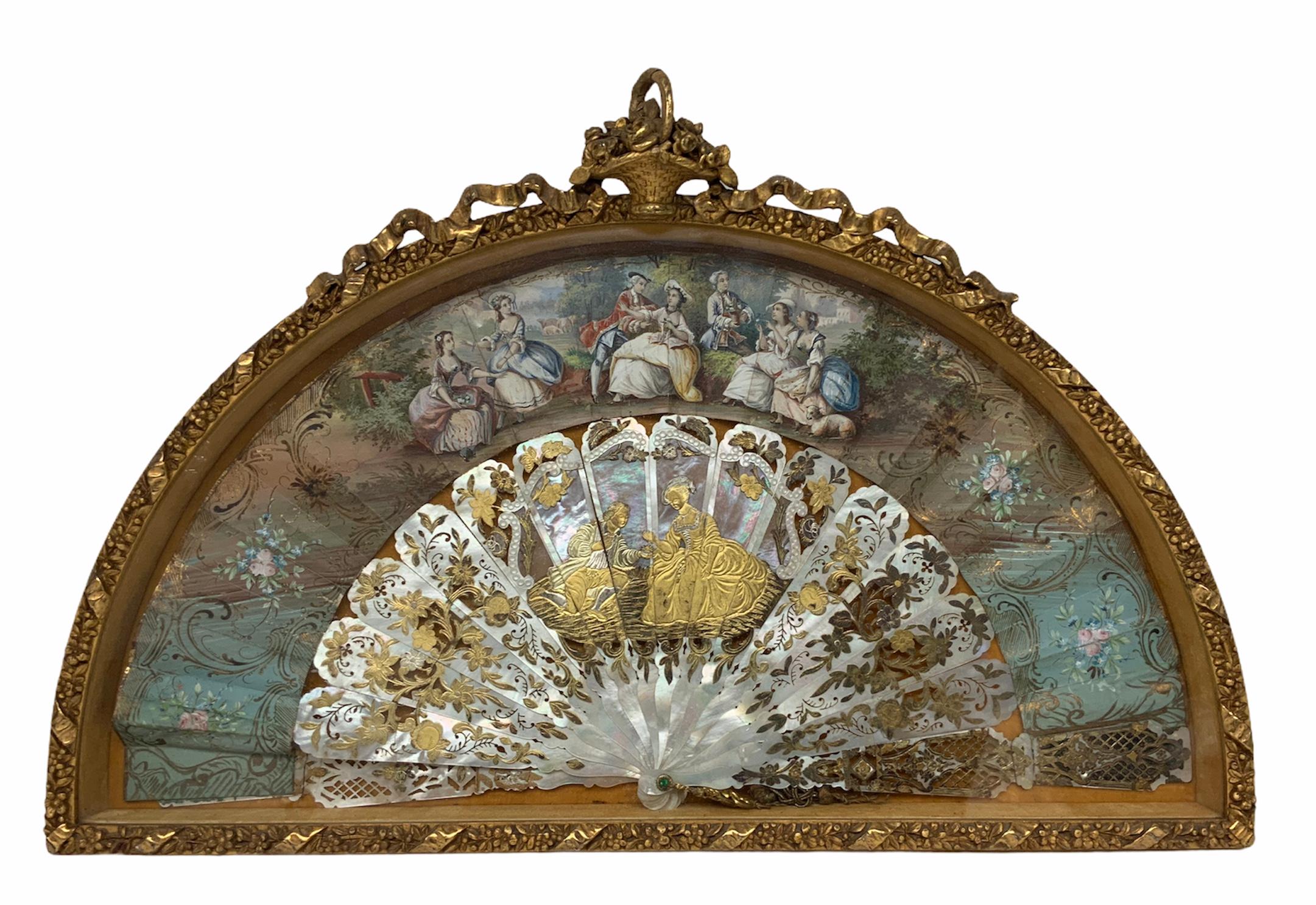 19th Century French Gilded Mother of Pearls Framed Ladies Fan 9