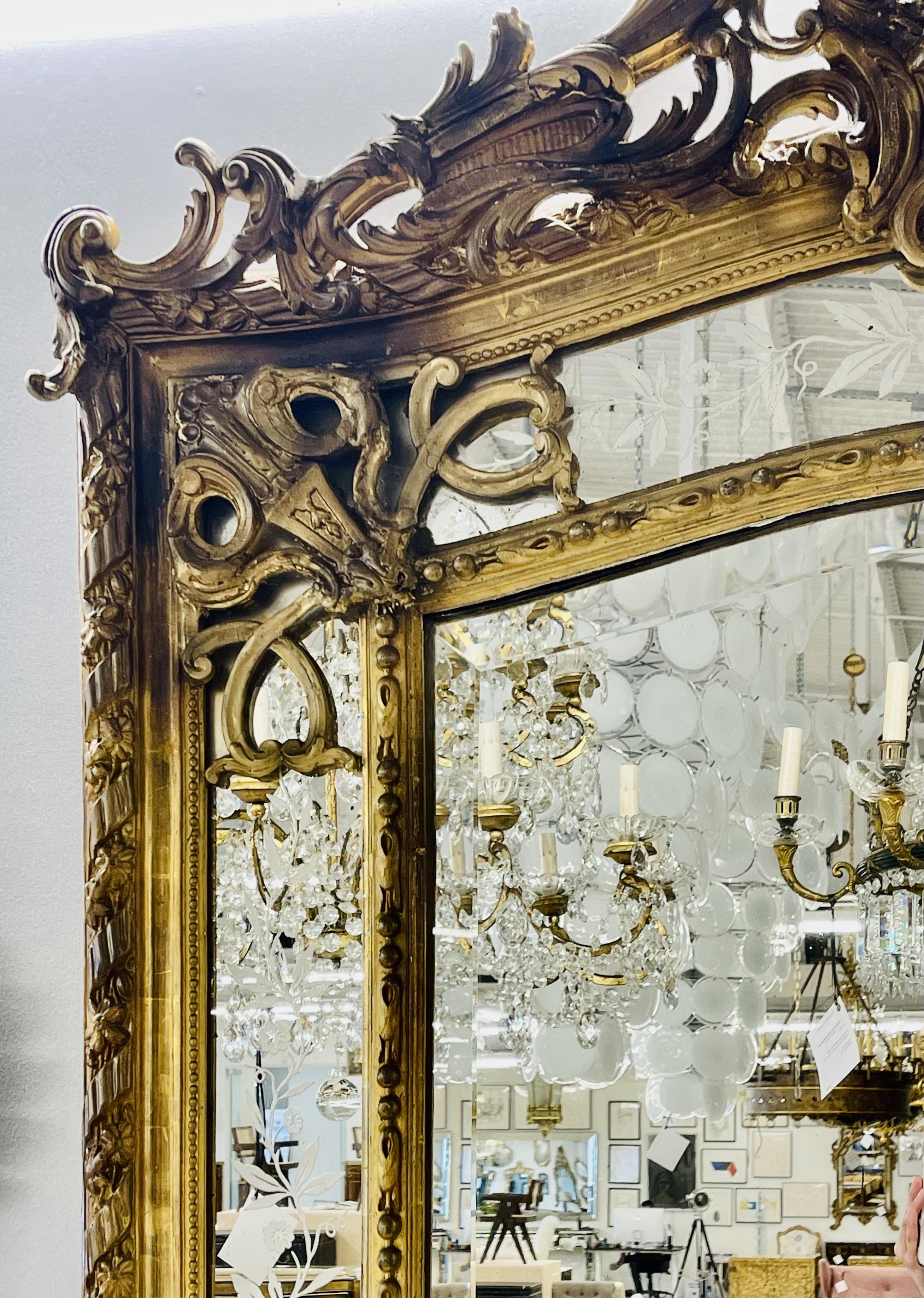 19th Century French Designer, Beaux Arts, Large Wall Mirror, Gilded Carved Wood, Gesso, 1890s For Sale