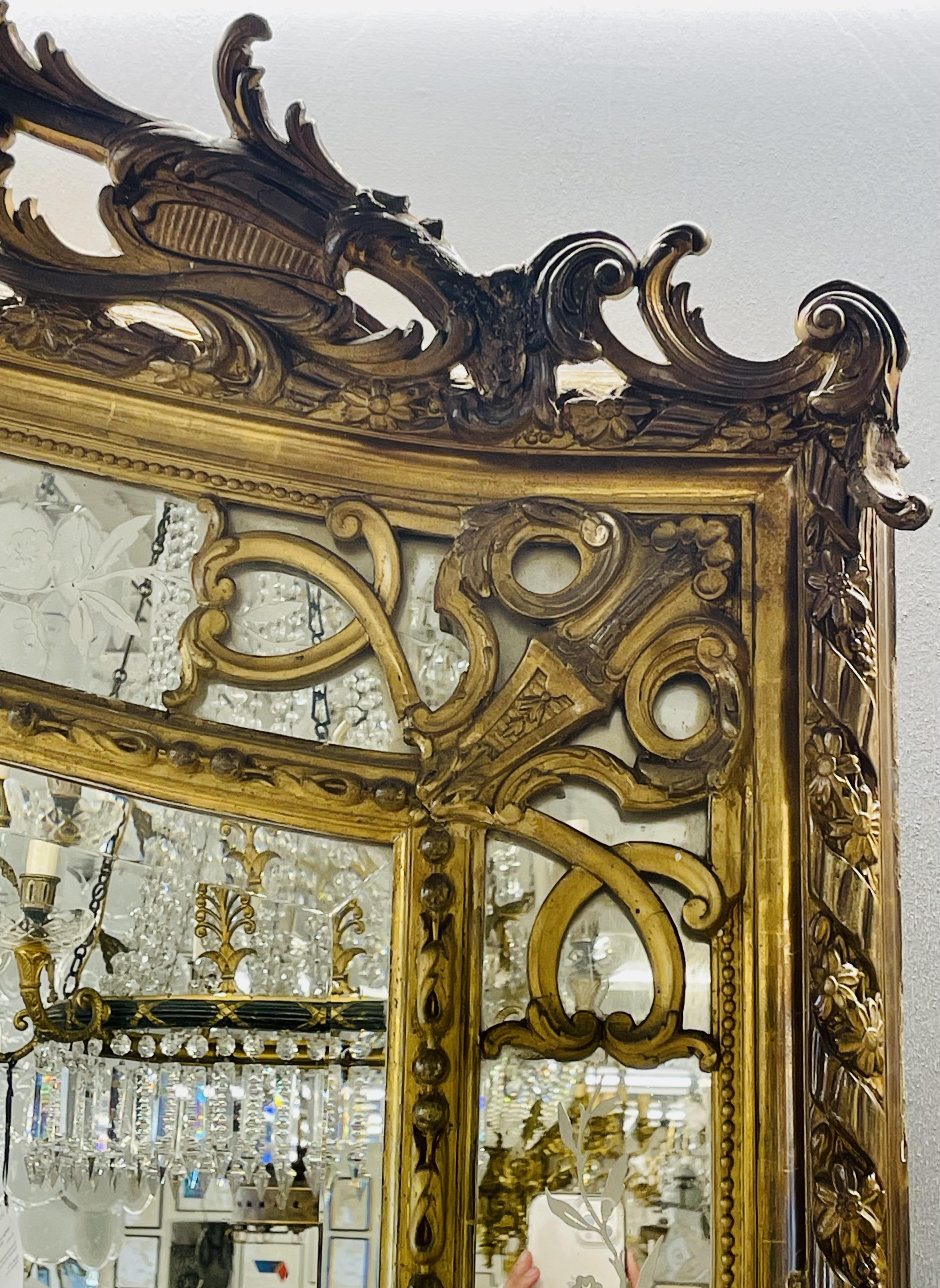 French Designer, Beaux Arts, Large Wall Mirror, Gilded Carved Wood, Gesso, 1890s For Sale 2