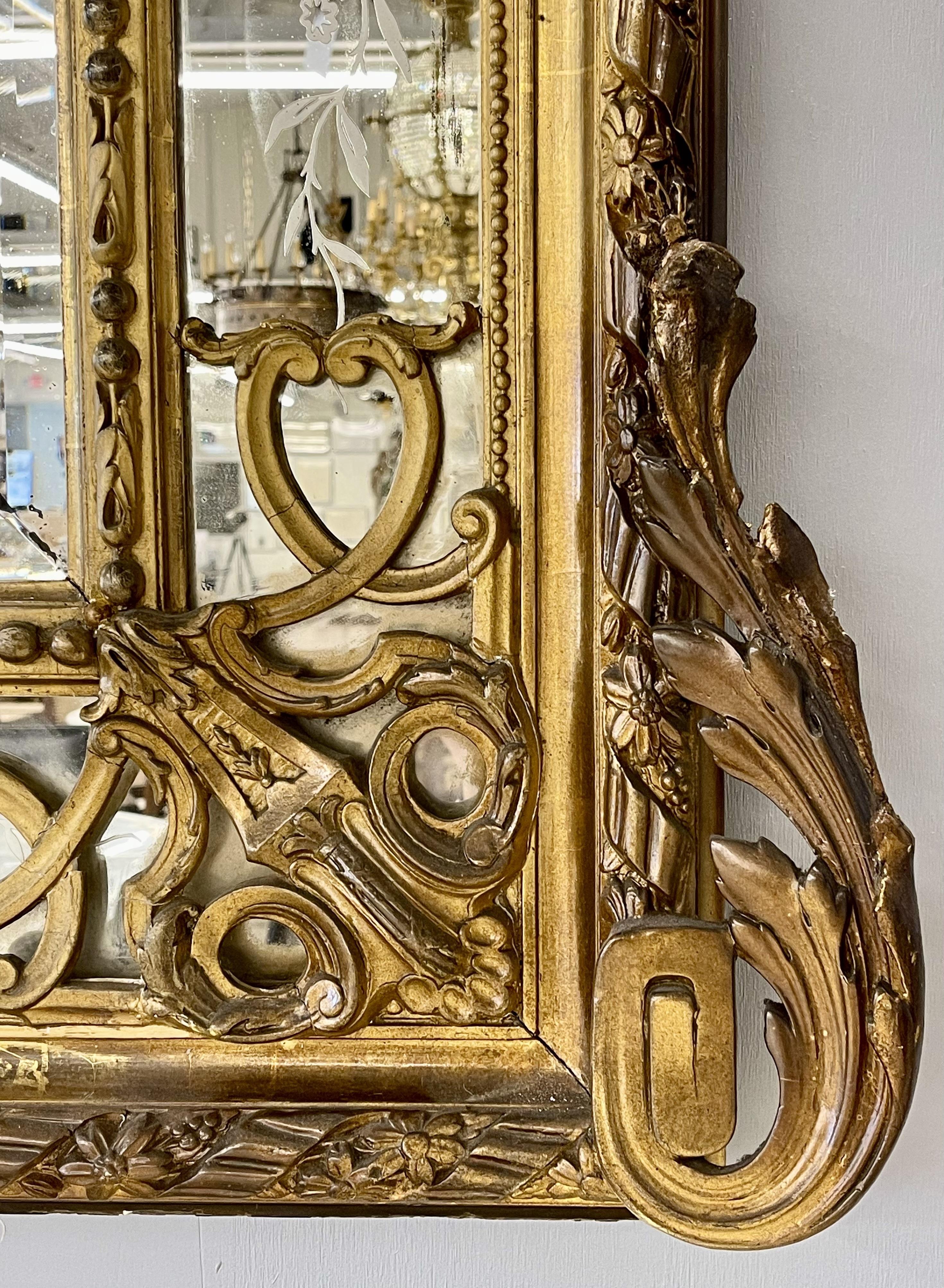 French Designer, Beaux Arts, Large Wall Mirror, Gilded Carved Wood, Gesso, 1890s For Sale 5