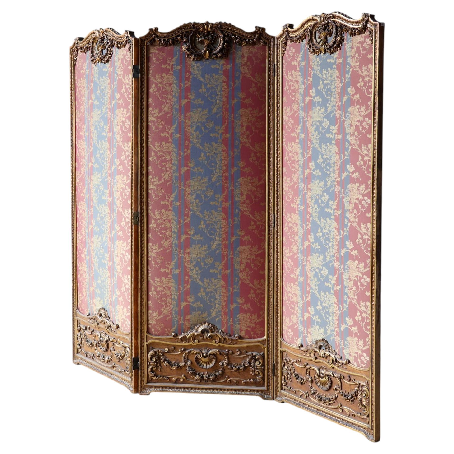 19th-century French gilded wood three-panel room divider