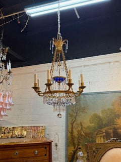 19th Century French Gilt Brass and Crystal Chandelier with Cobalt Glass