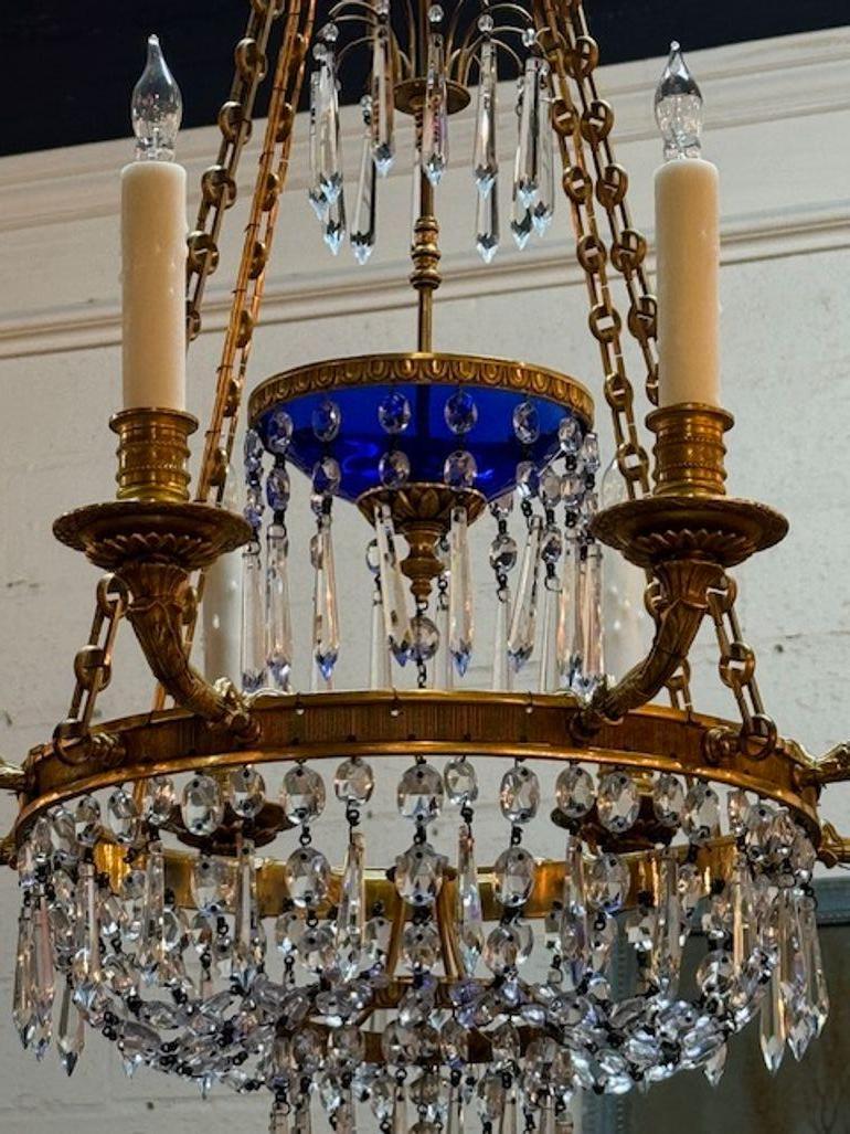 19th Century French Gilt Brass and Crystal Chandelier with Cobalt Glass In Good Condition For Sale In Dallas, TX