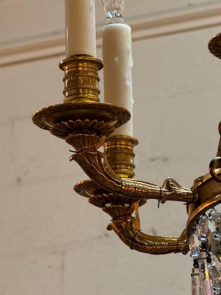 Bronze 19th Century French Gilt Brass and Crystal Chandelier with Cobalt Glass For Sale