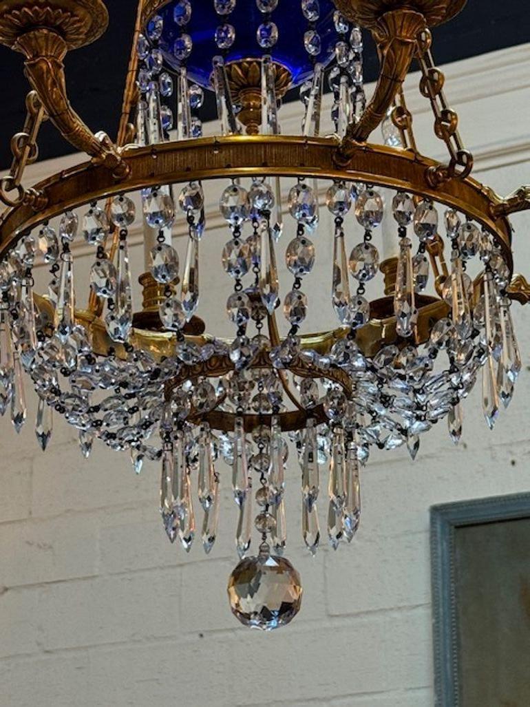 19th Century French Gilt Brass and Crystal Chandelier with Cobalt Glass For Sale 1